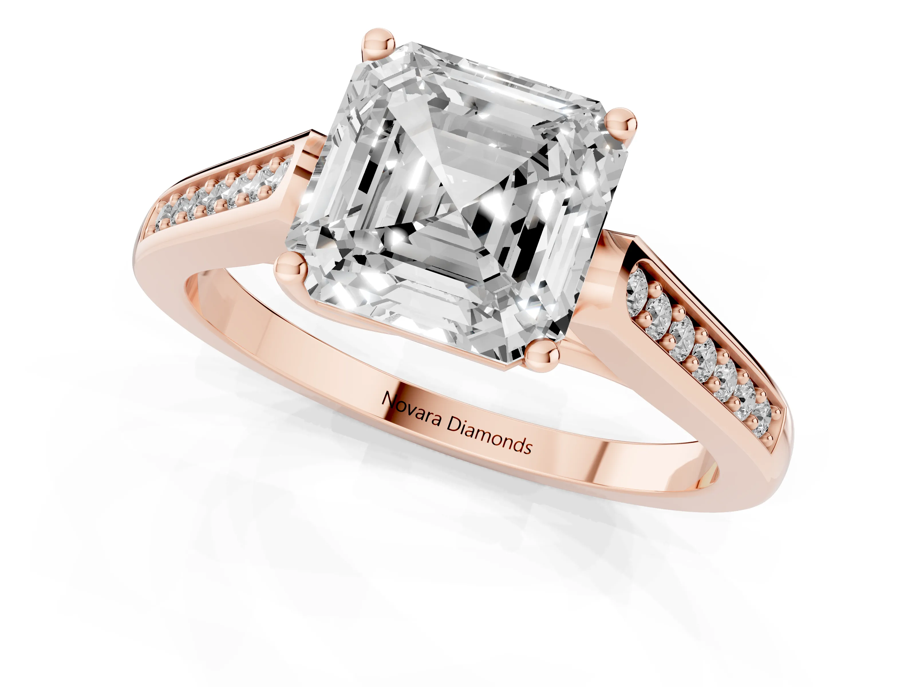 Asscher Cut Diamond Solitaire Cathedral Engagement Ring Set in Rose gold with Channel-Set Band and Prong Setting