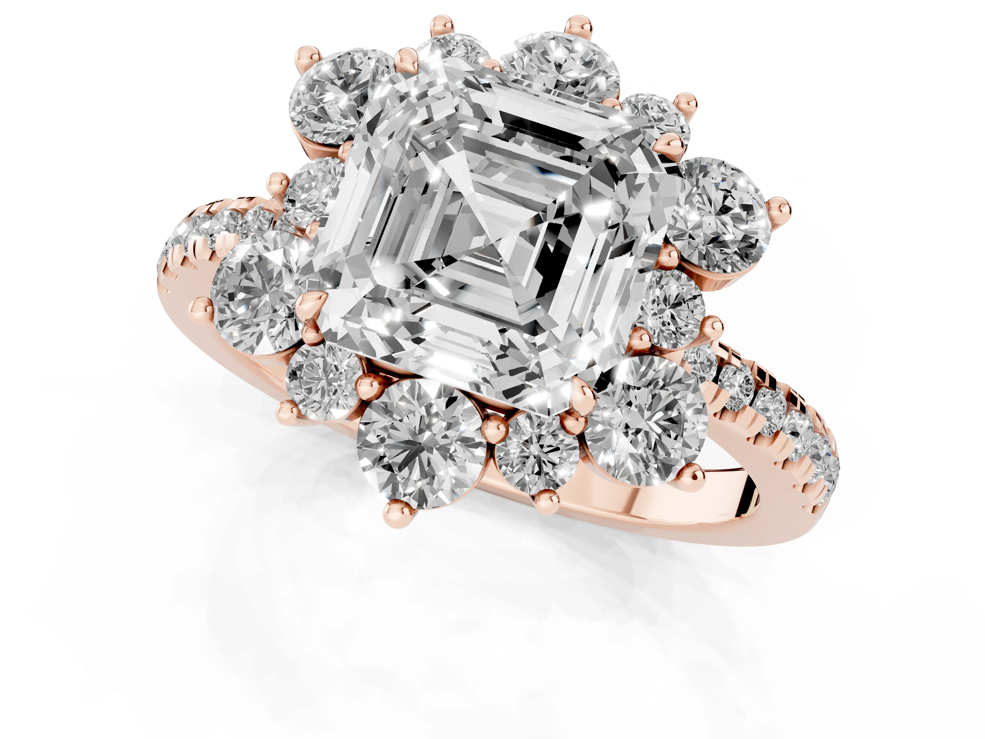 Asscher Cut Diamond Floral Halo Ring Set in Rose gold with Round Pavé Band and Prong Setting