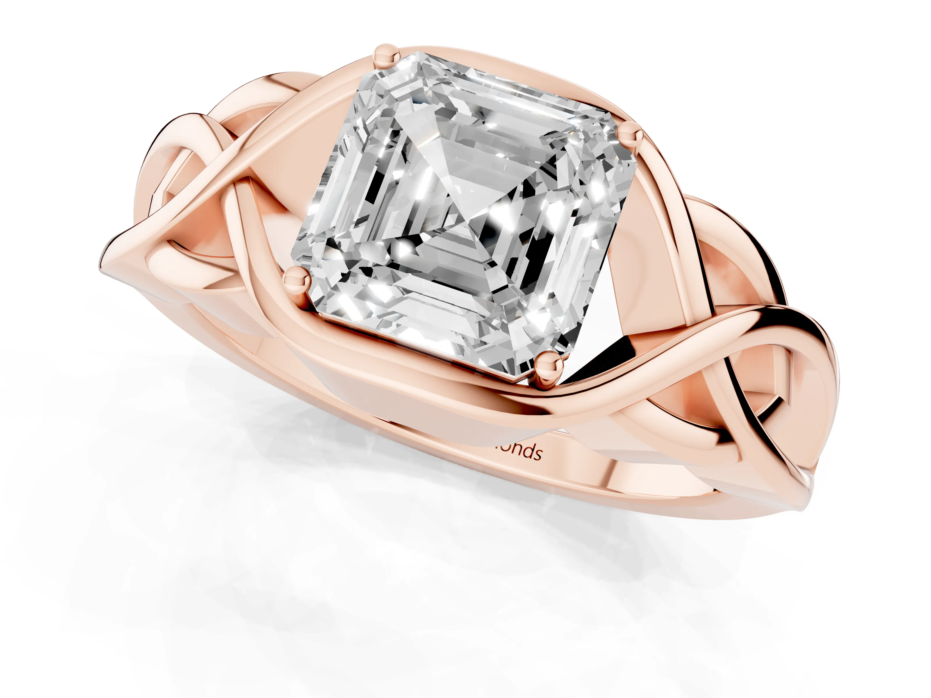 Asscher Cut Diamond Solitaire Ring Set in Rose gold with Intertwined Band