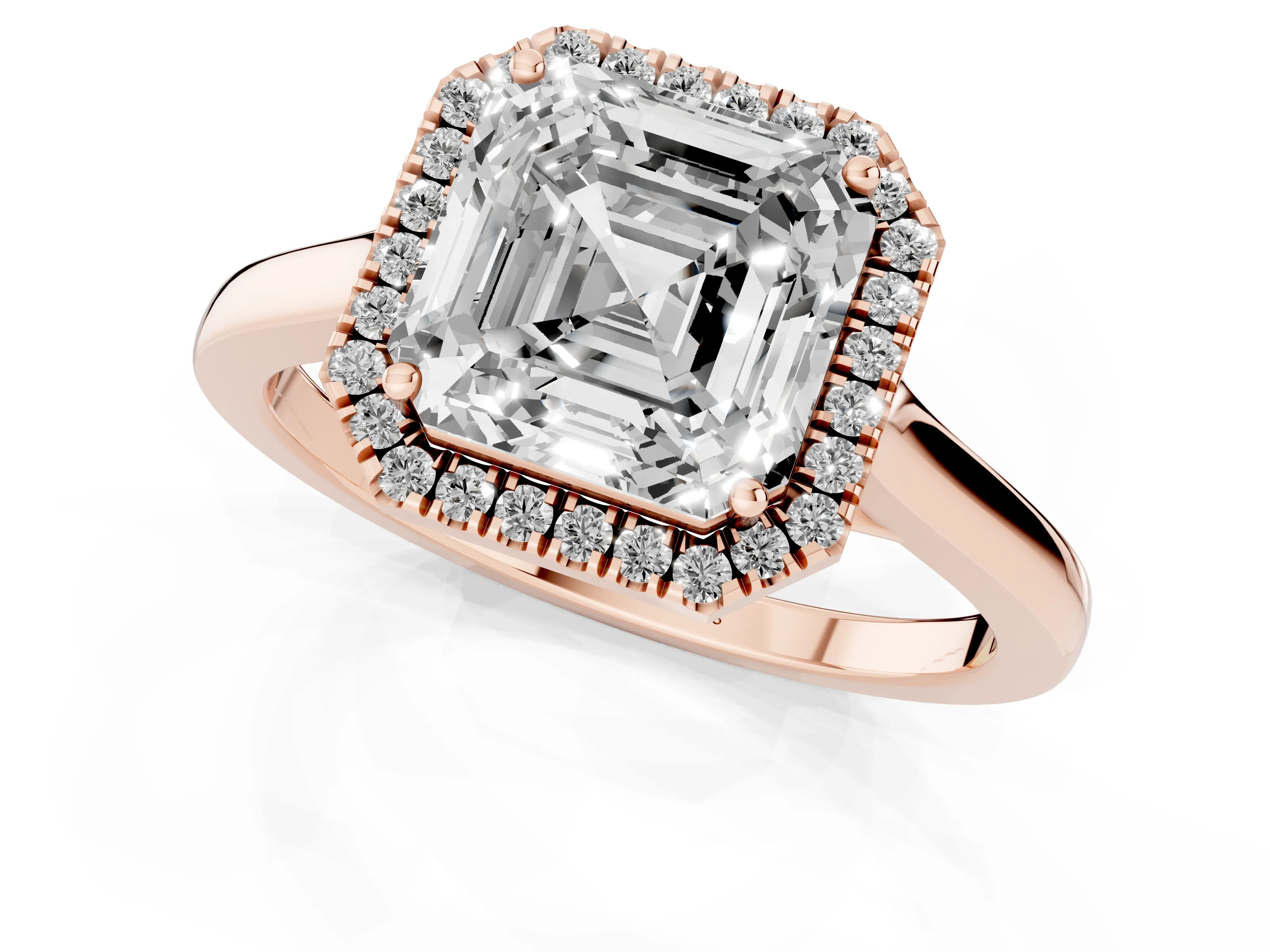 Asscher Cut Halo Round Diamond Solitaire Ring Set in Rose gold with Pavé Band and Prong Setting