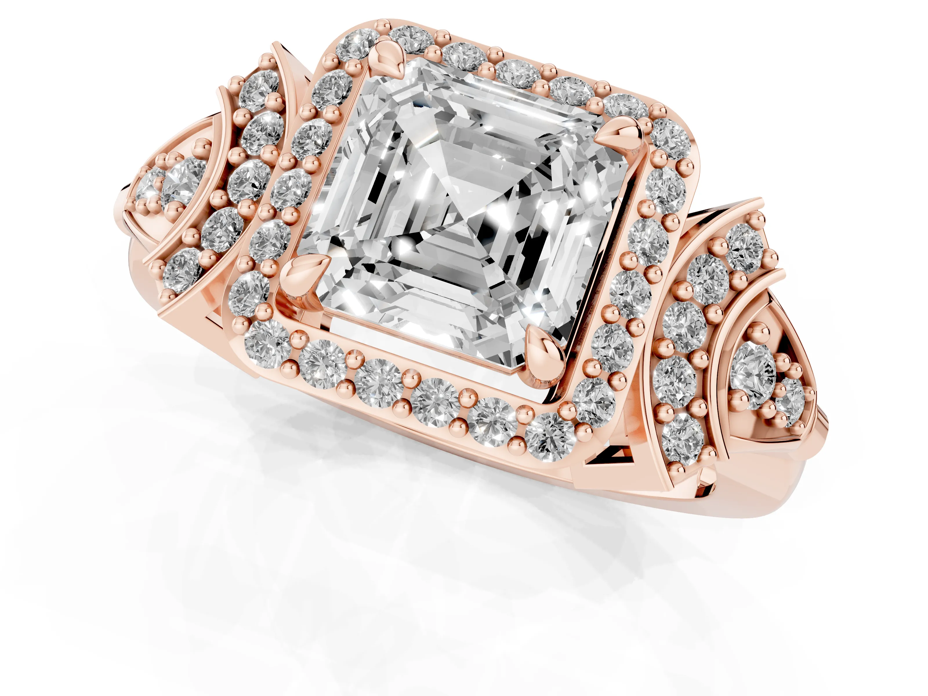 Asscher Cut Diamond Halo Engagement Ring Set in Rose gold with Accent Stone Split Shank