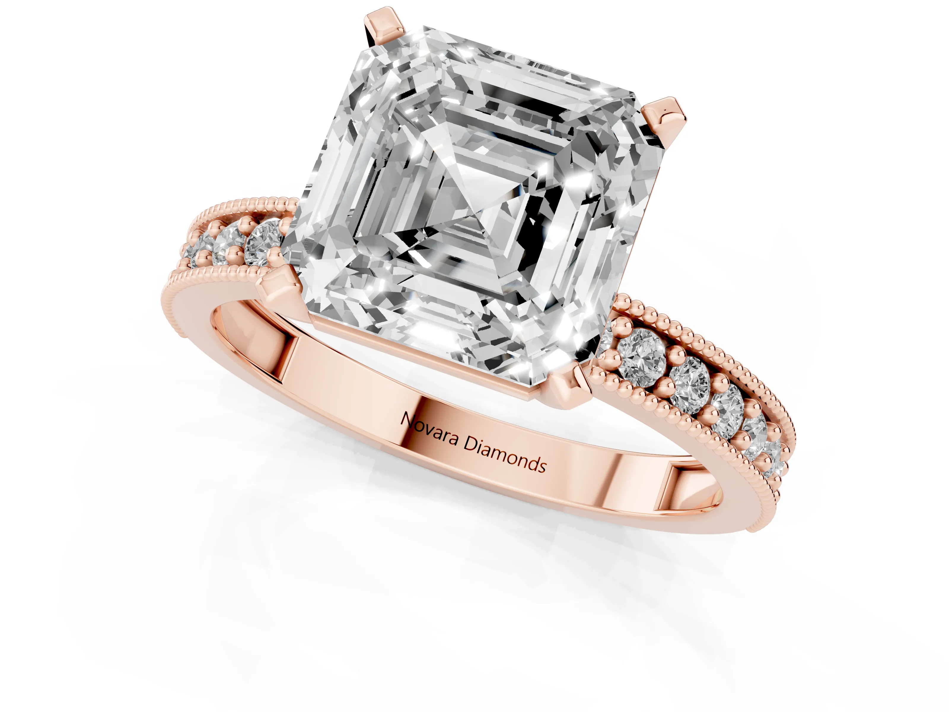 Asscher Cut Diamond Milgrain Pavé Engagement Ring Set in Rose gold with Prong Setting