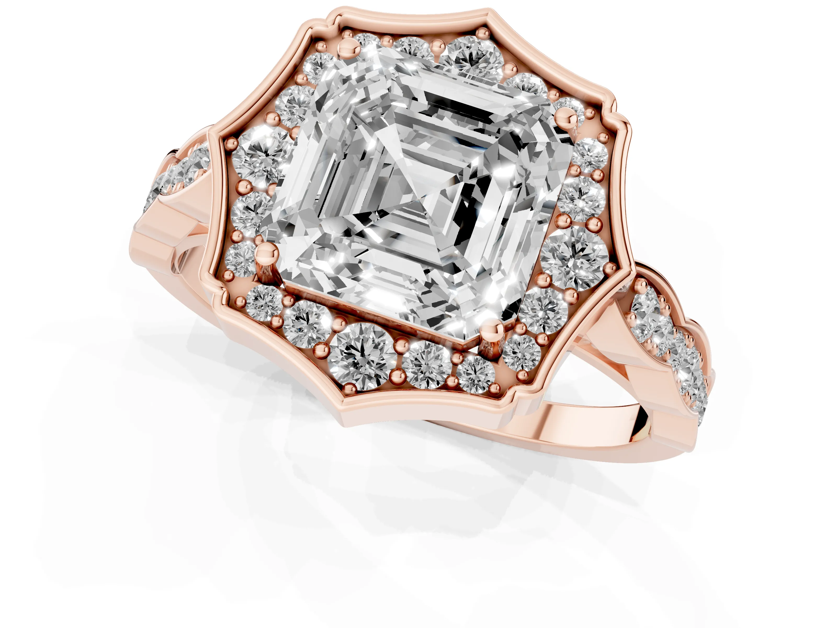 Asscher Cut Diamond Halo Engagement Ring Set in Rose gold with Milgrain Band and Prong Setting