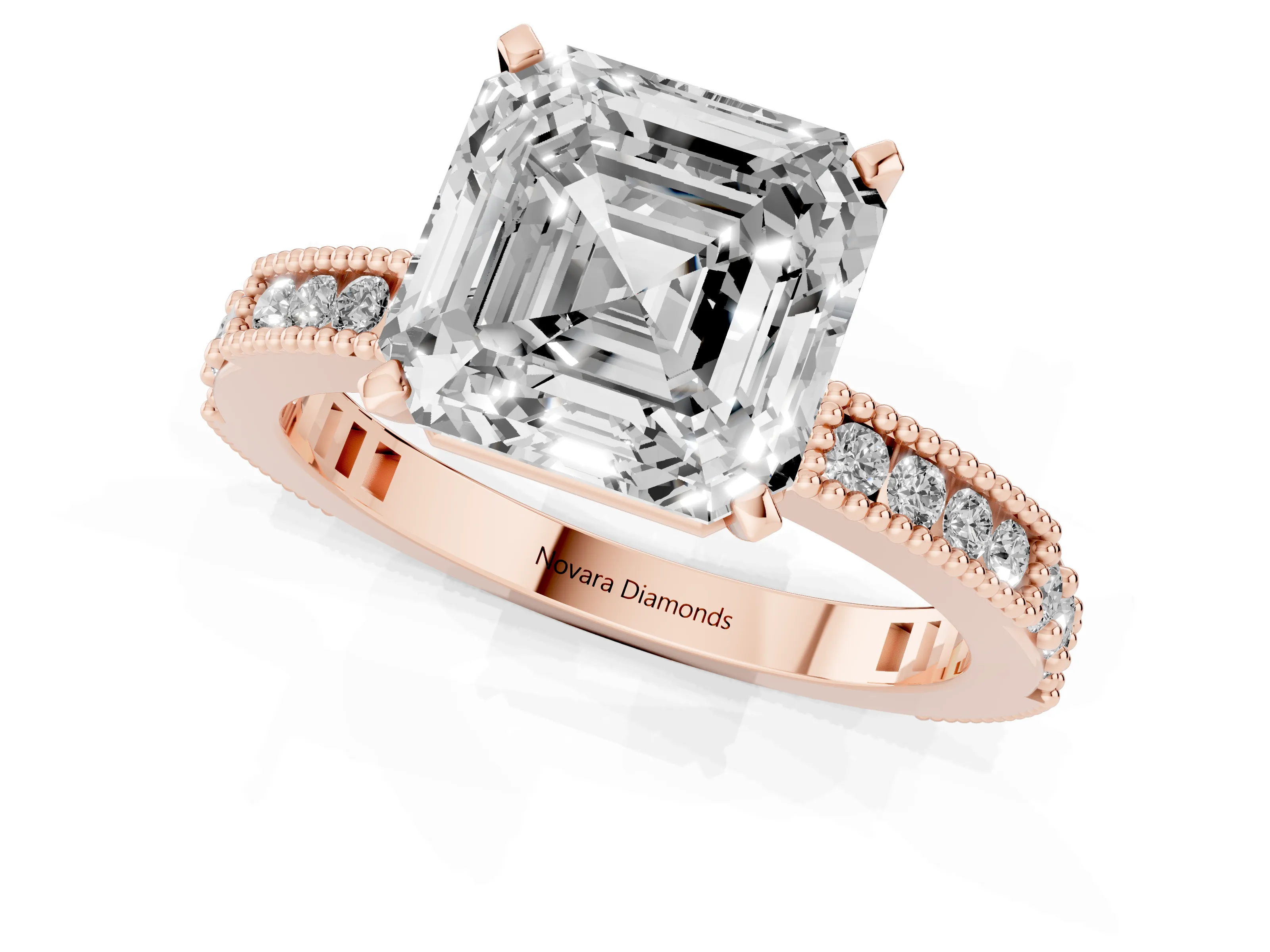 Asscher Cut Diamond Solitaire Ring Set in Rose gold with Slim Pavé Band and Prong Setting