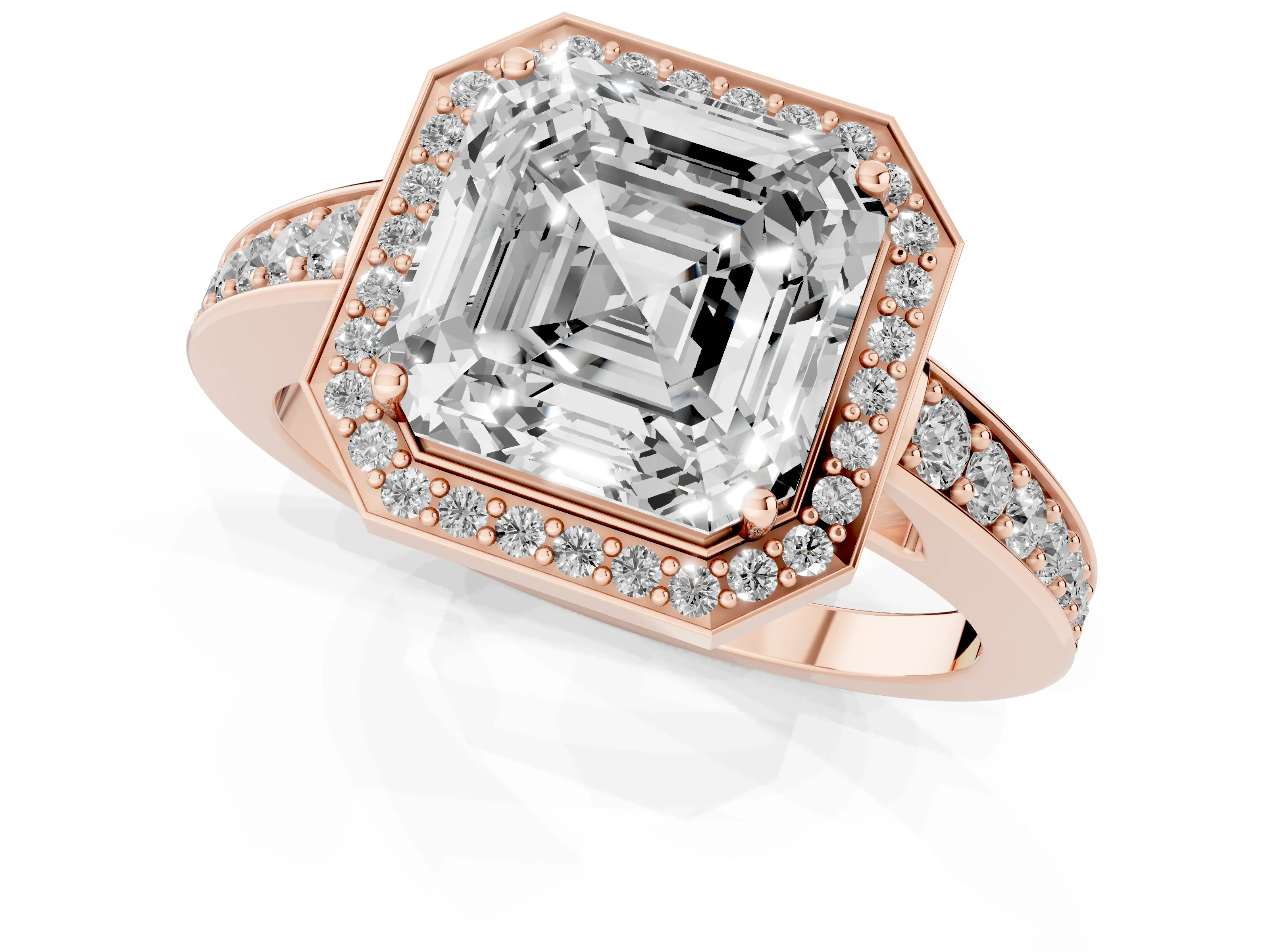 Asscher Cut Diamond Halo Pavé Engagement Ring Set in Rose gold with Bezel Setting – second view