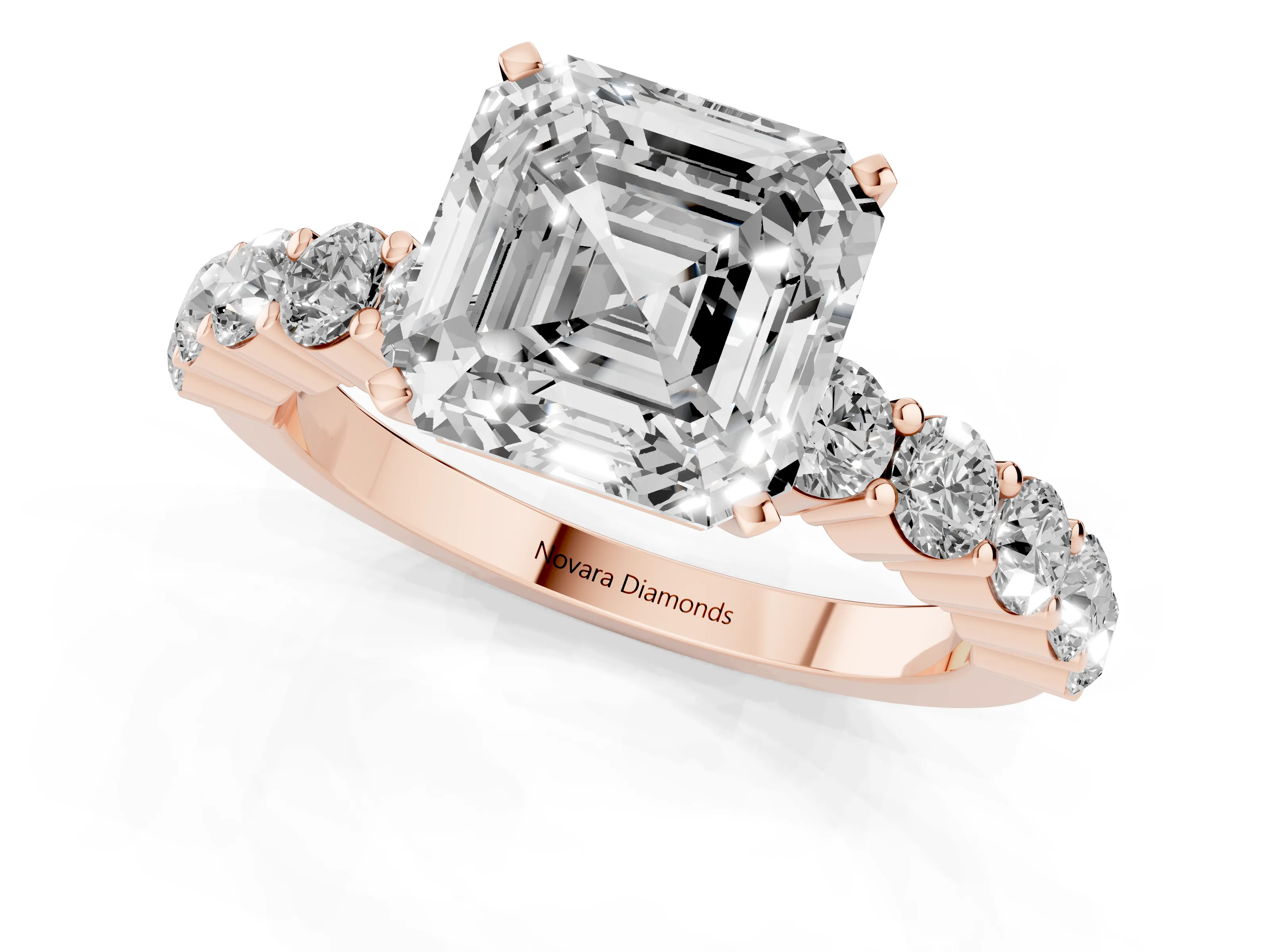 Asscher Cut Diamond Solitaire Ring Set in Rose gold with Shared Prong Round Side Stones