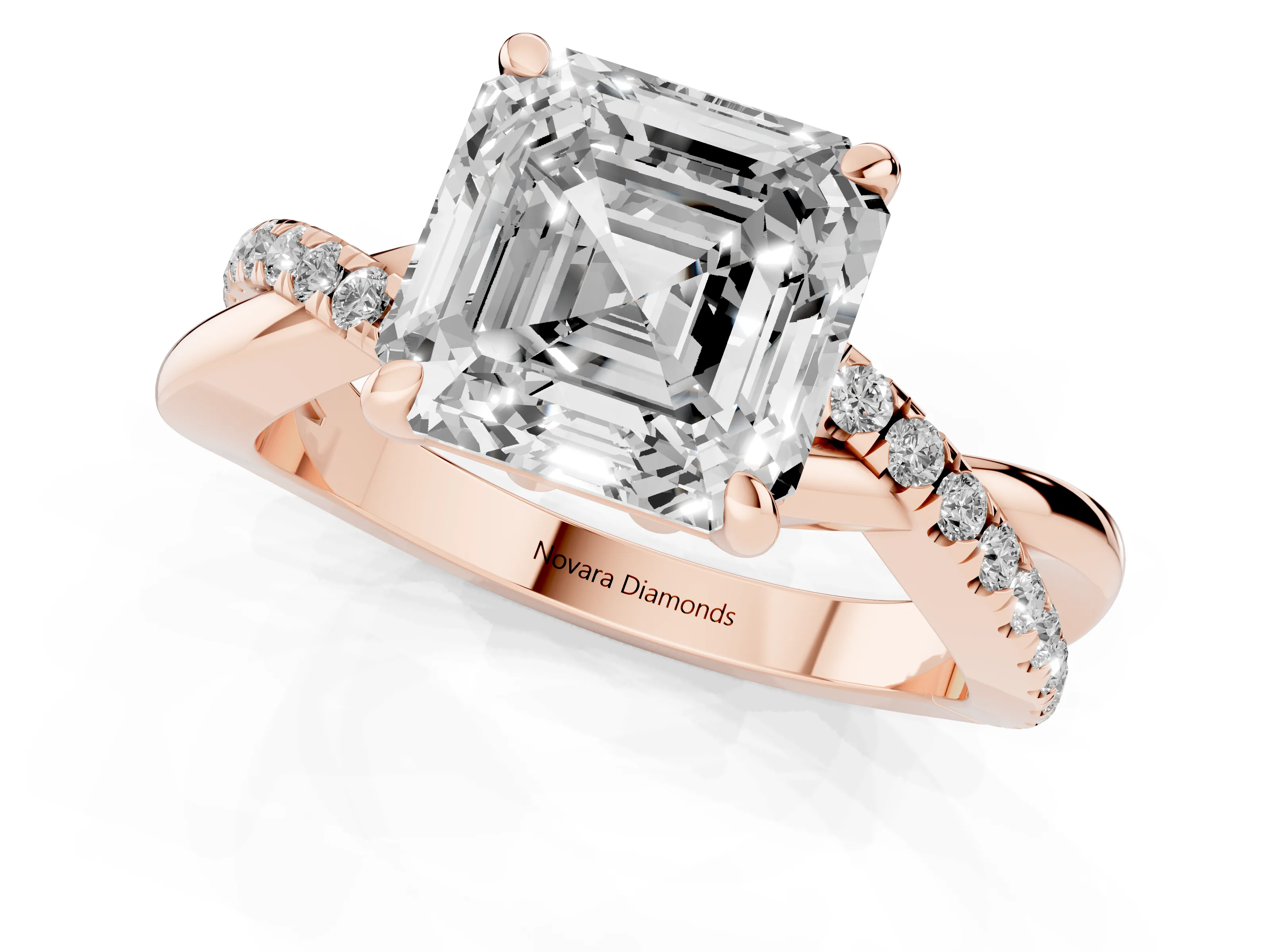 Asscher Cut Diamond Twist Band Pavé Solitaire Ring Set in Rose gold with Prong Setting