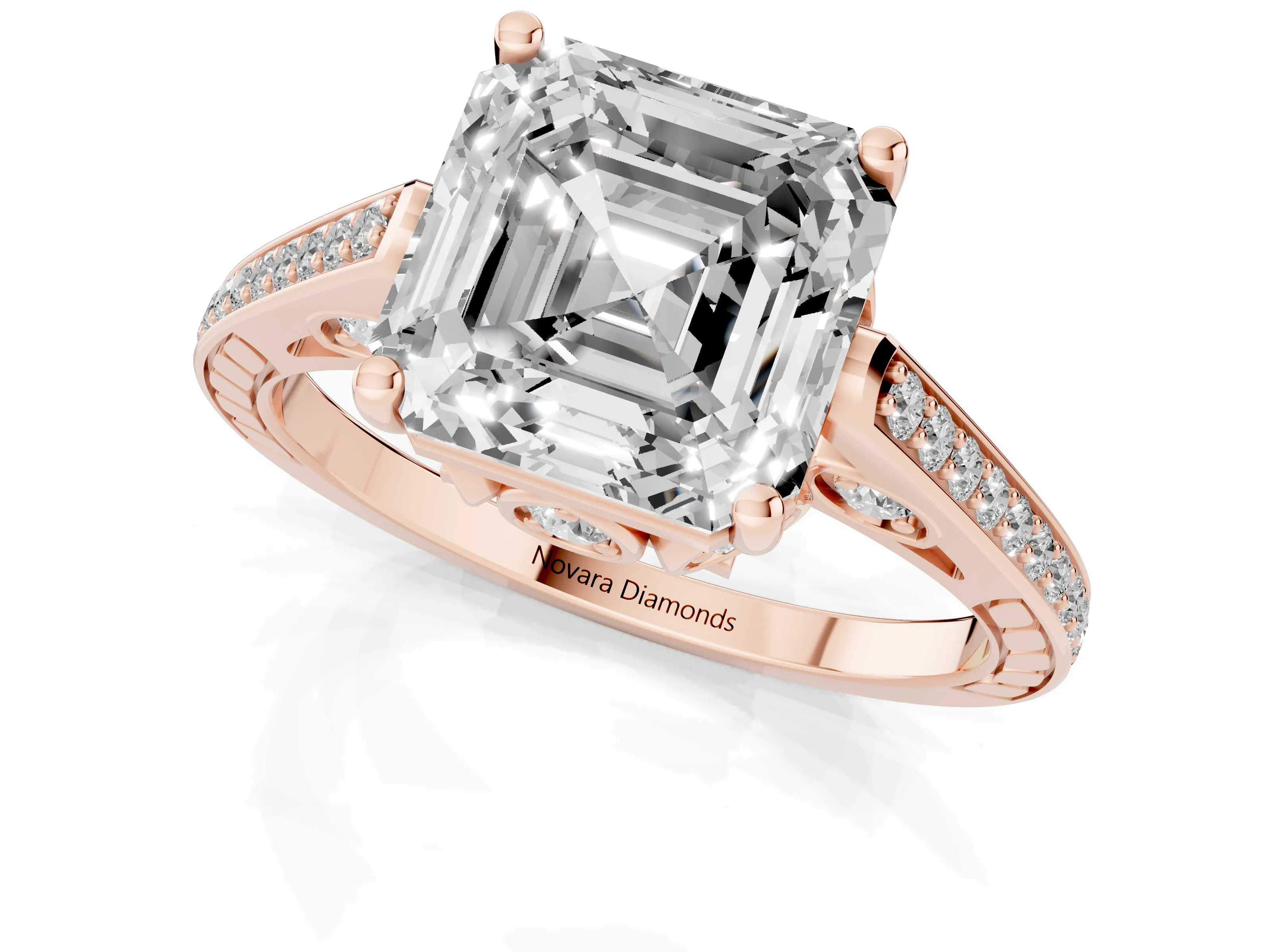Asscher Cut Diamond Cathedral Pavé Engagement Ring Set in Rose gold with Prong Setting
