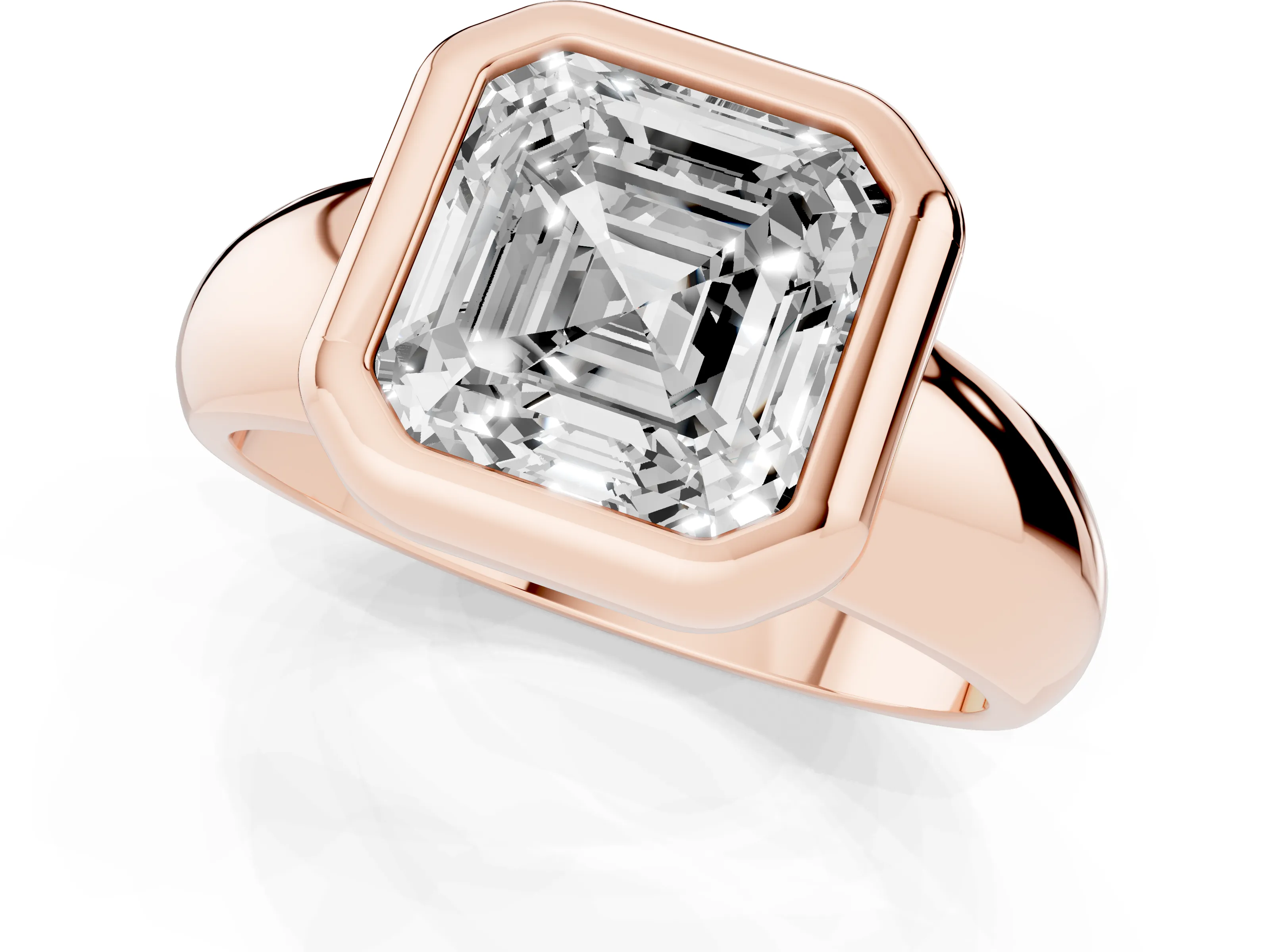Bezel Set Asscher Cut Diamond Solitaire Ring Set in Rose gold with Wide Band