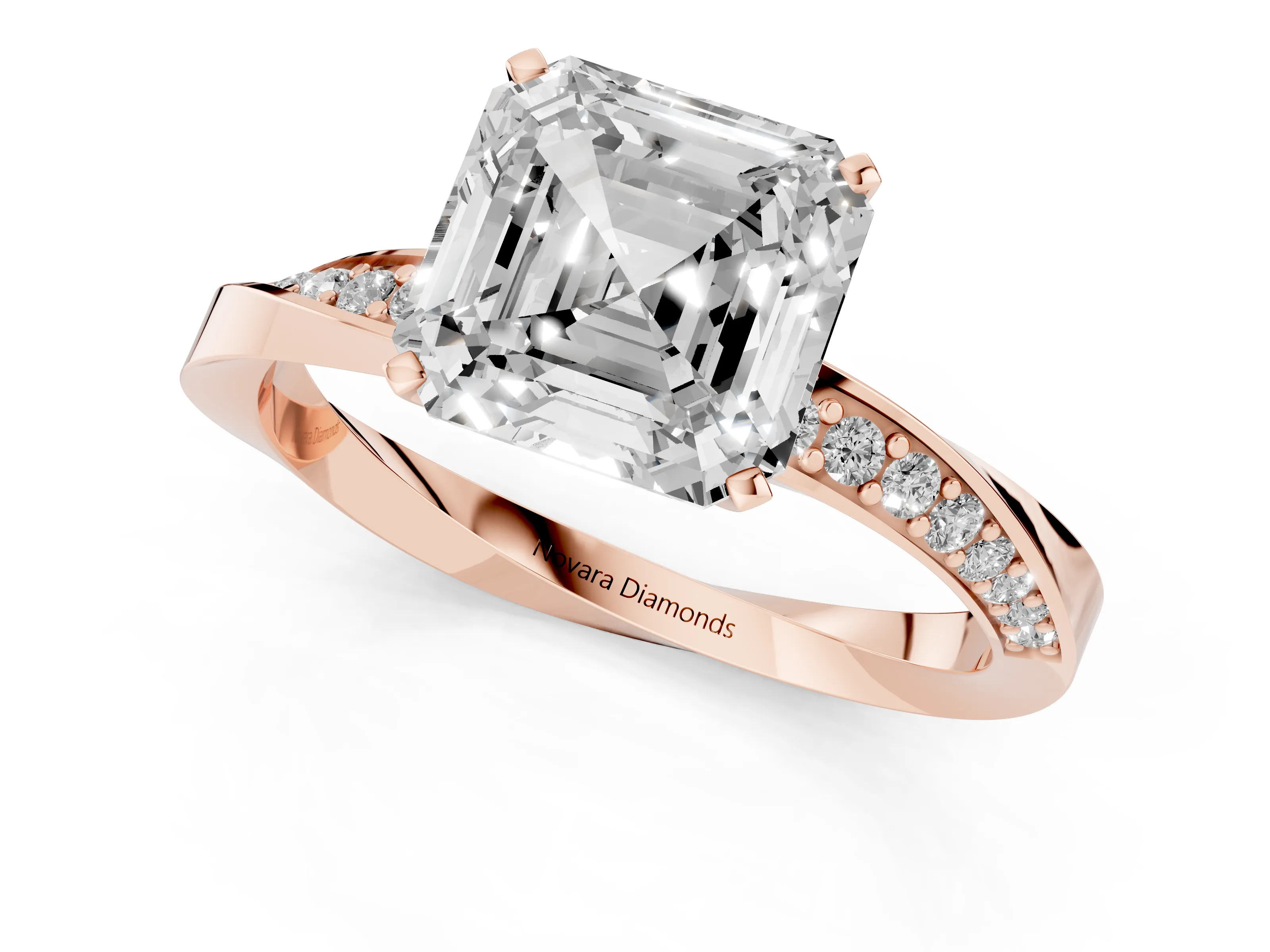 Asscher Cut Diamond Engagement Ring Set in Rose gold with Side Stone Accents and Prong Setting