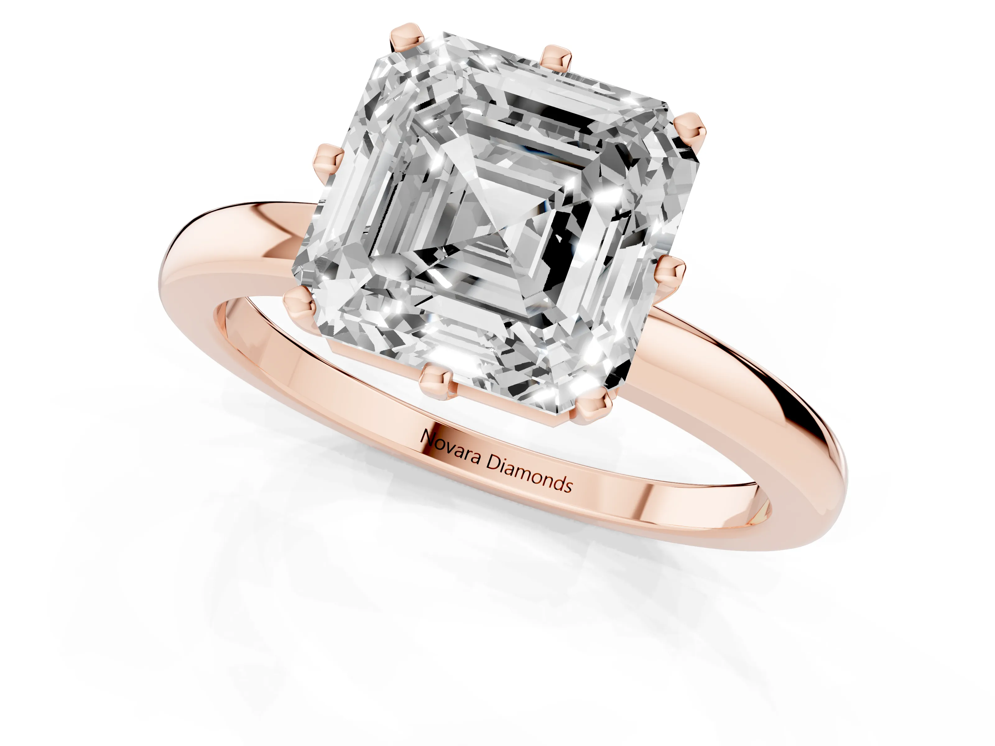 Asscher Cut Diamond Solitaire Ring Set in Rose gold with Raised Prong Setting on a Classic Band