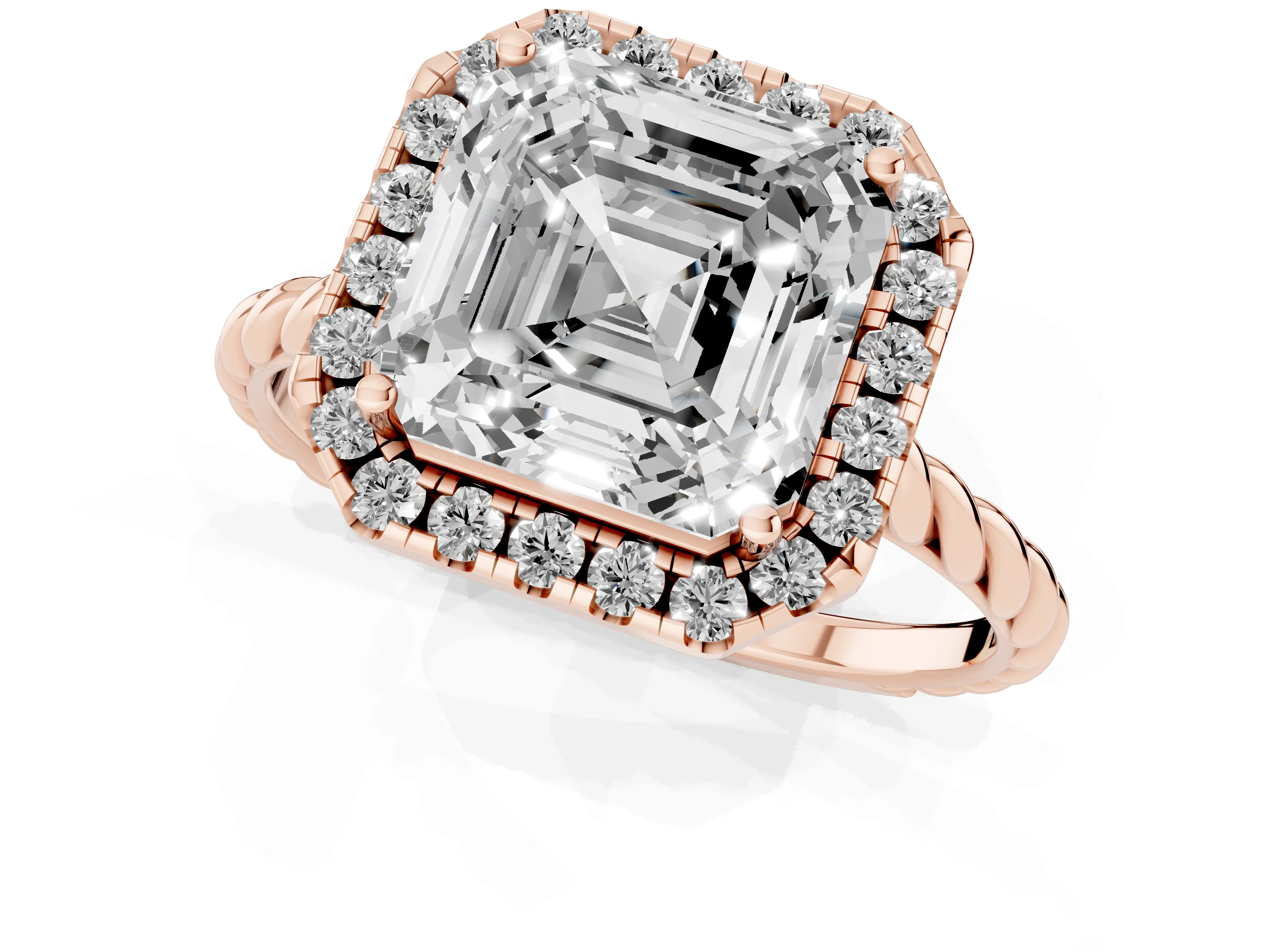 Asscher Cut Diamond Halo Ring Set in Rose gold with Plain Twisted Band