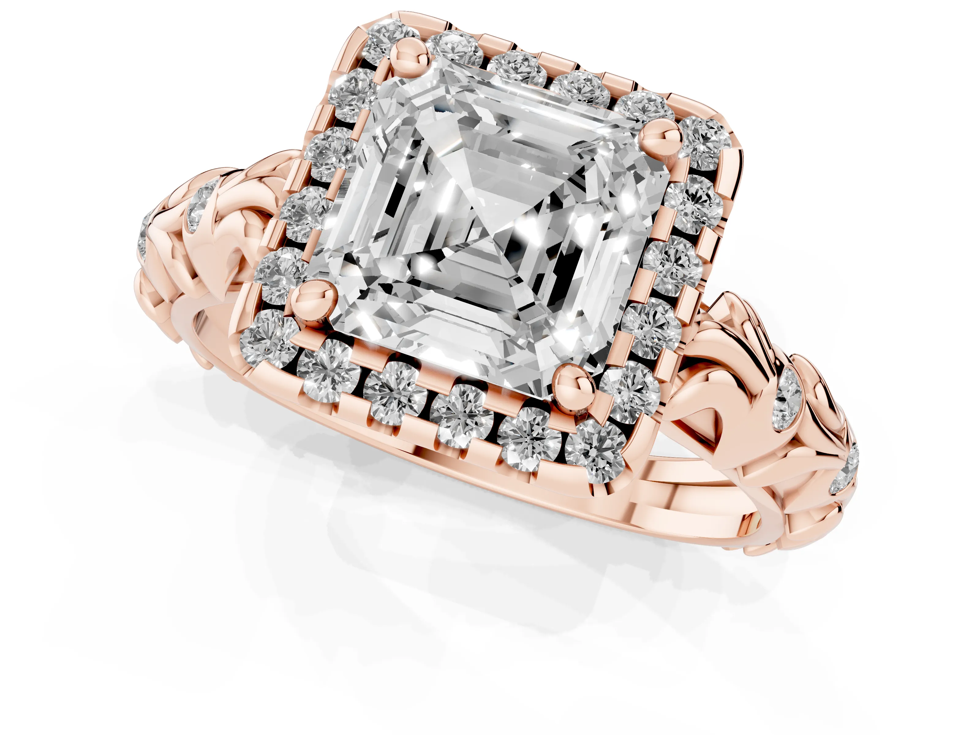 Asscher Cut Diamond Halo Ring Set in Rose gold with Filigree Leaf Band and Prong Setting