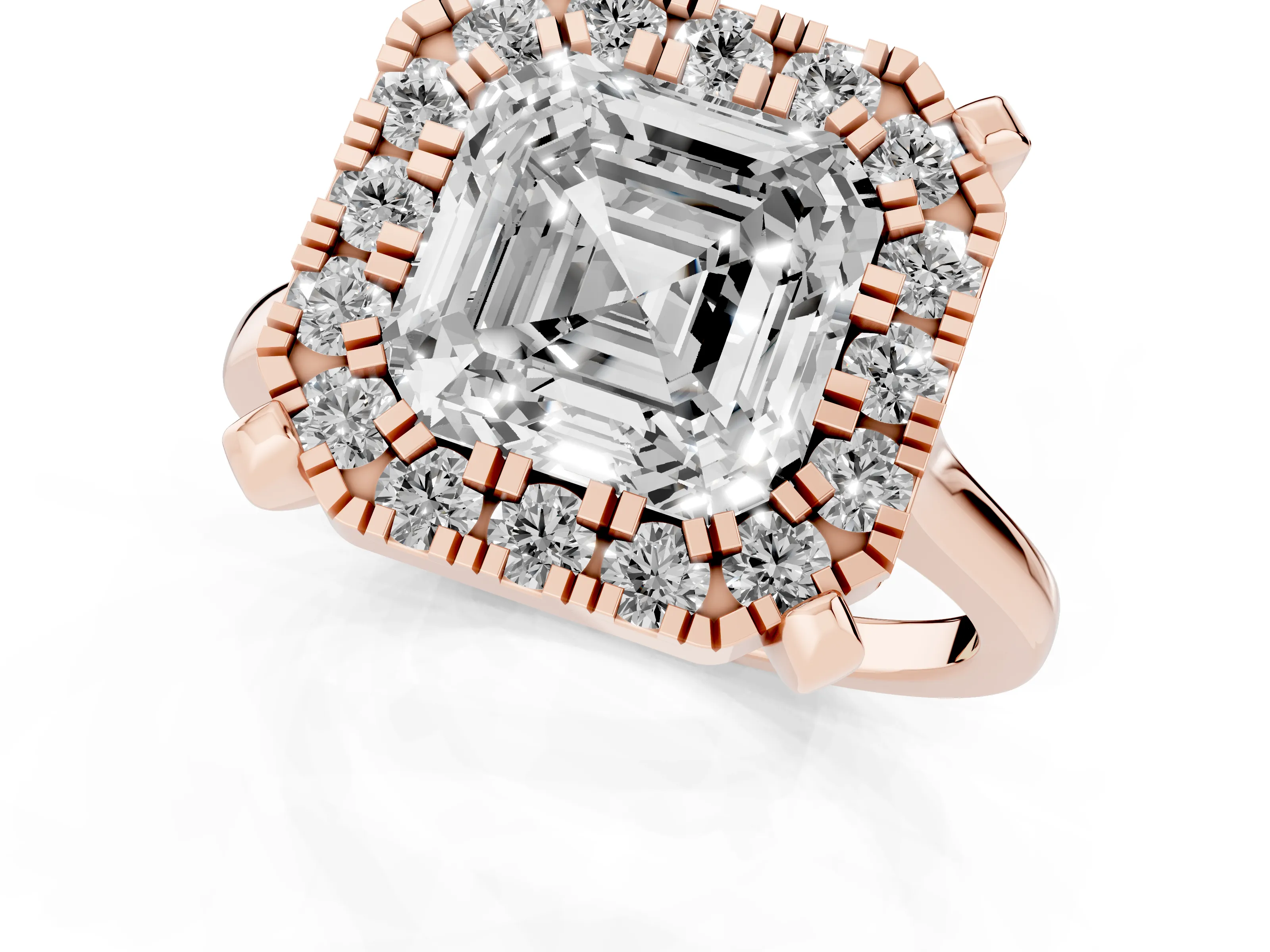 Asscher Cut Diamond Cluster Halo Solitaire Ring Set in Rose gold with Prong Setting