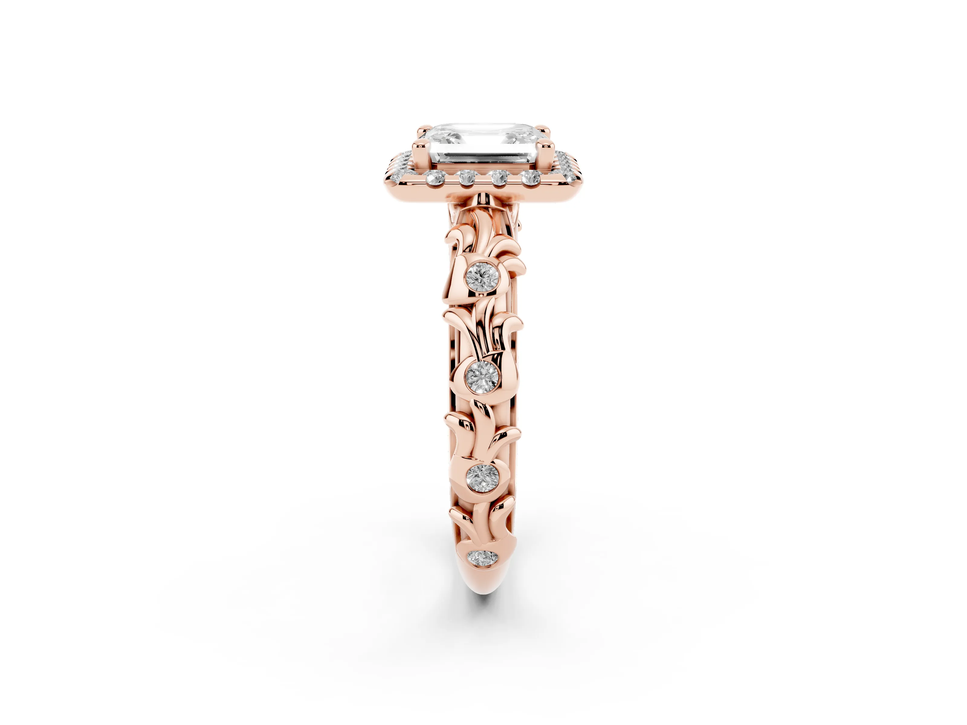 Asscher Cut Diamond Halo Ring Set in Rose gold with Filigree Leaf Band and Prong Setting