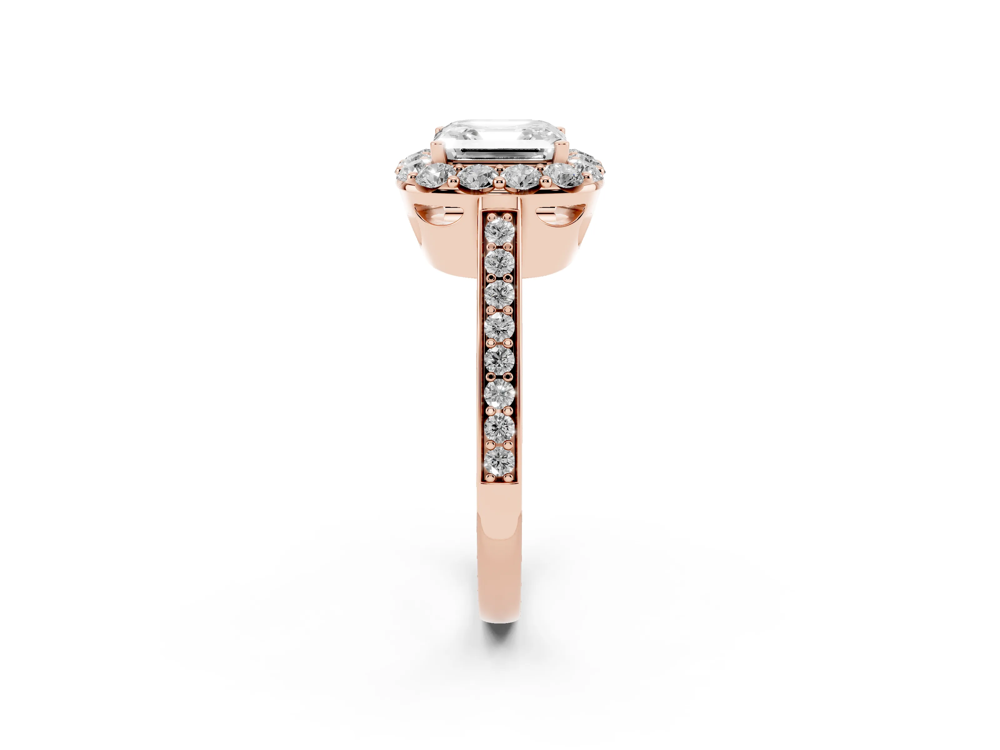 Asscher Cut Diamond Floral Halo Ring Set in Rose gold with Pavé Band and Prong Setting
