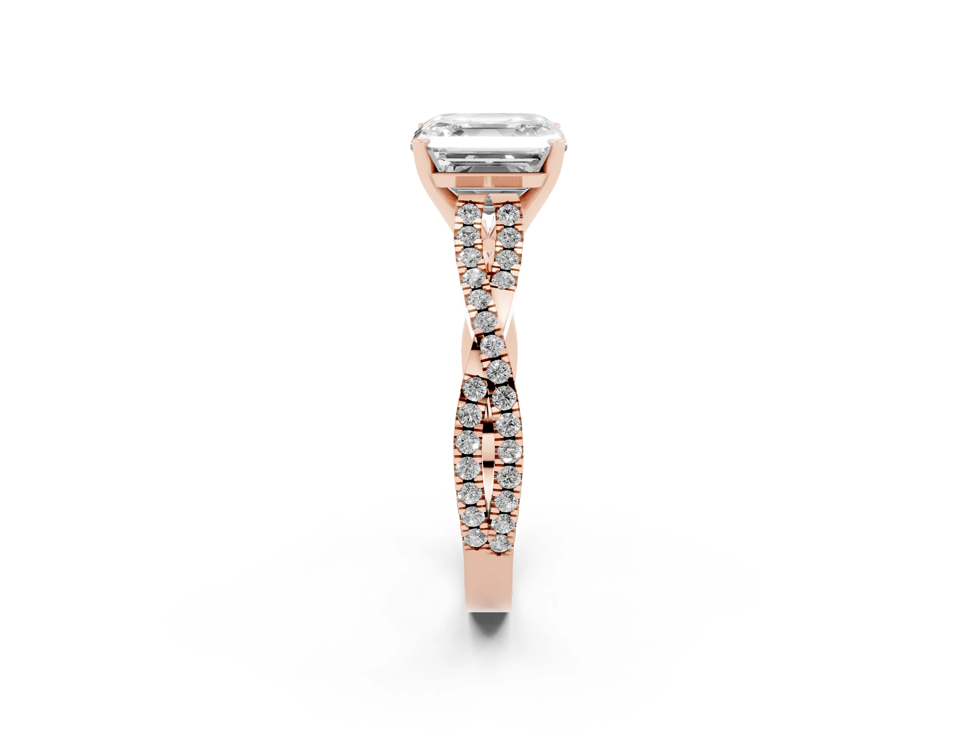 Asscher Cut Diamond Solitaire Engagement Ring Set in Rose gold with Twisted Pavé Band and Prong Setting