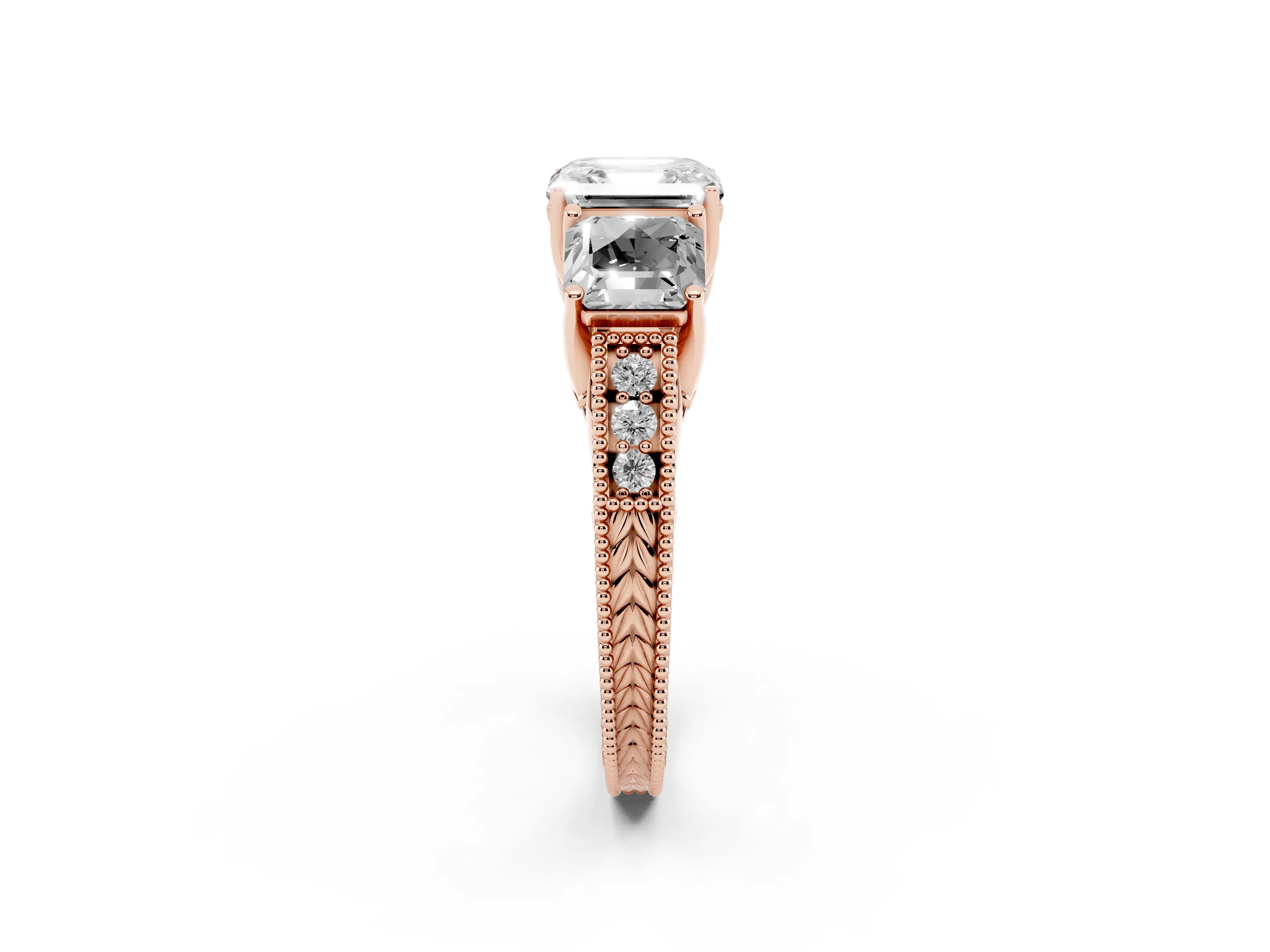 Asscher Cut Diamond Three-Stone Engagement Ring Set in Rose gold with Milgrain Pavé Band