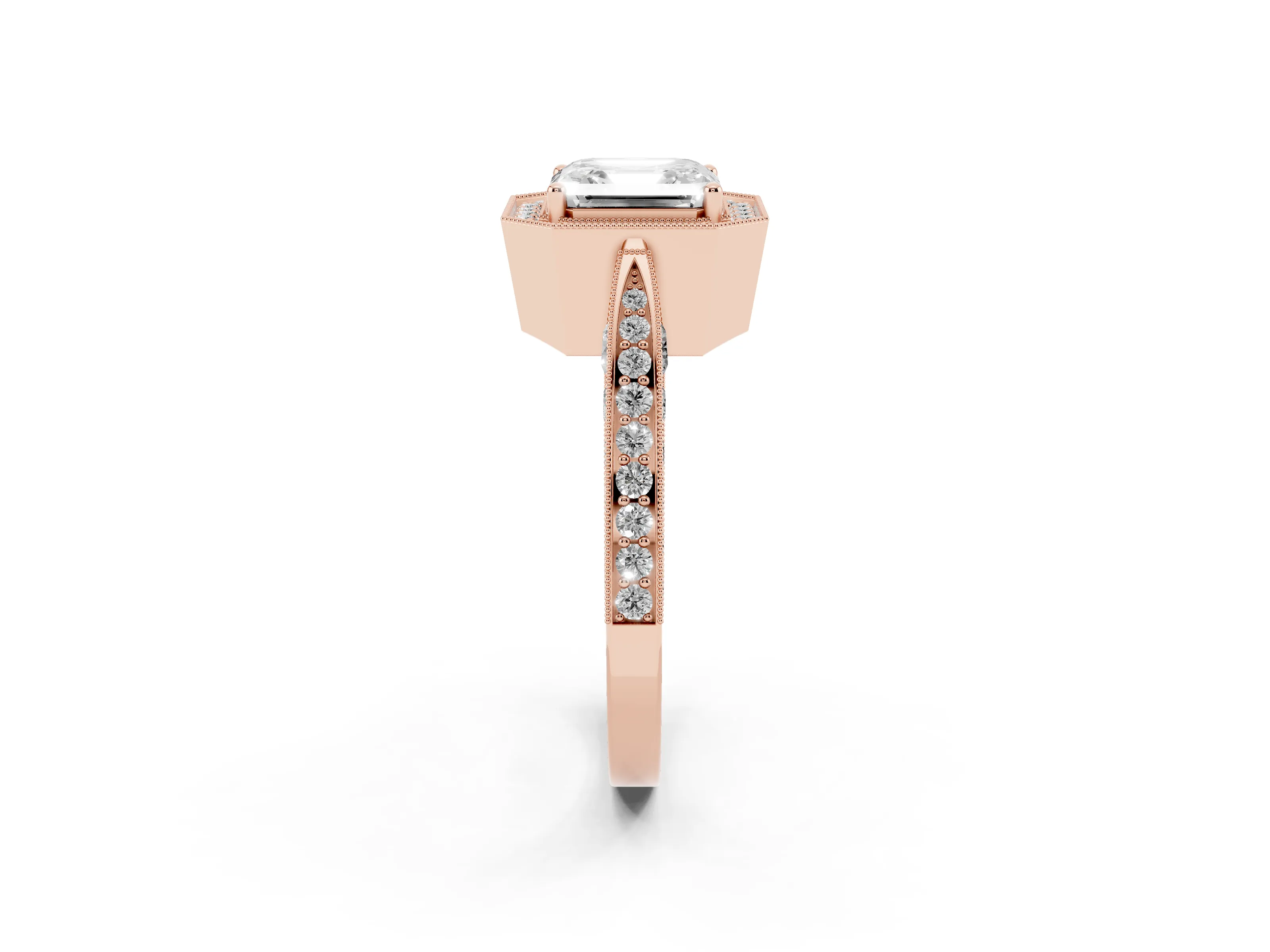 Asscher Cut Diamond Halo Engagement Ring Set in Rose gold with Accent Split Shank Band