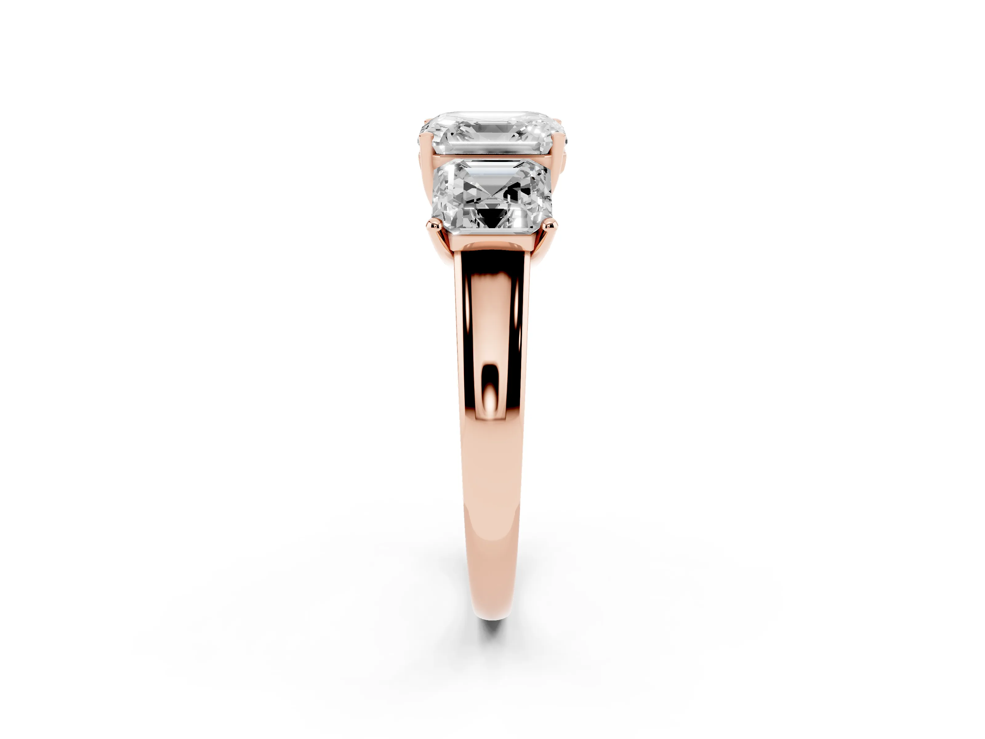 Asscher Cut Diamond Three-Stone Ring Set in Rose gold with Classic Prong Setting and Plain Band
