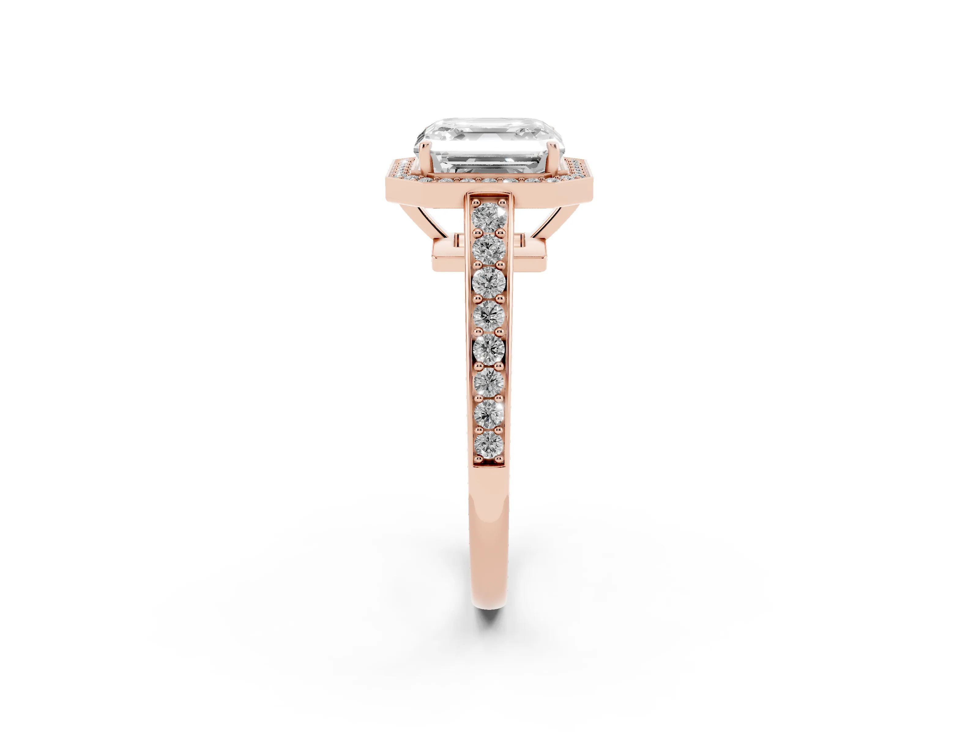Asscher Cut Diamond Halo Pavé Engagement Ring Set in Rose gold with Bezel Setting