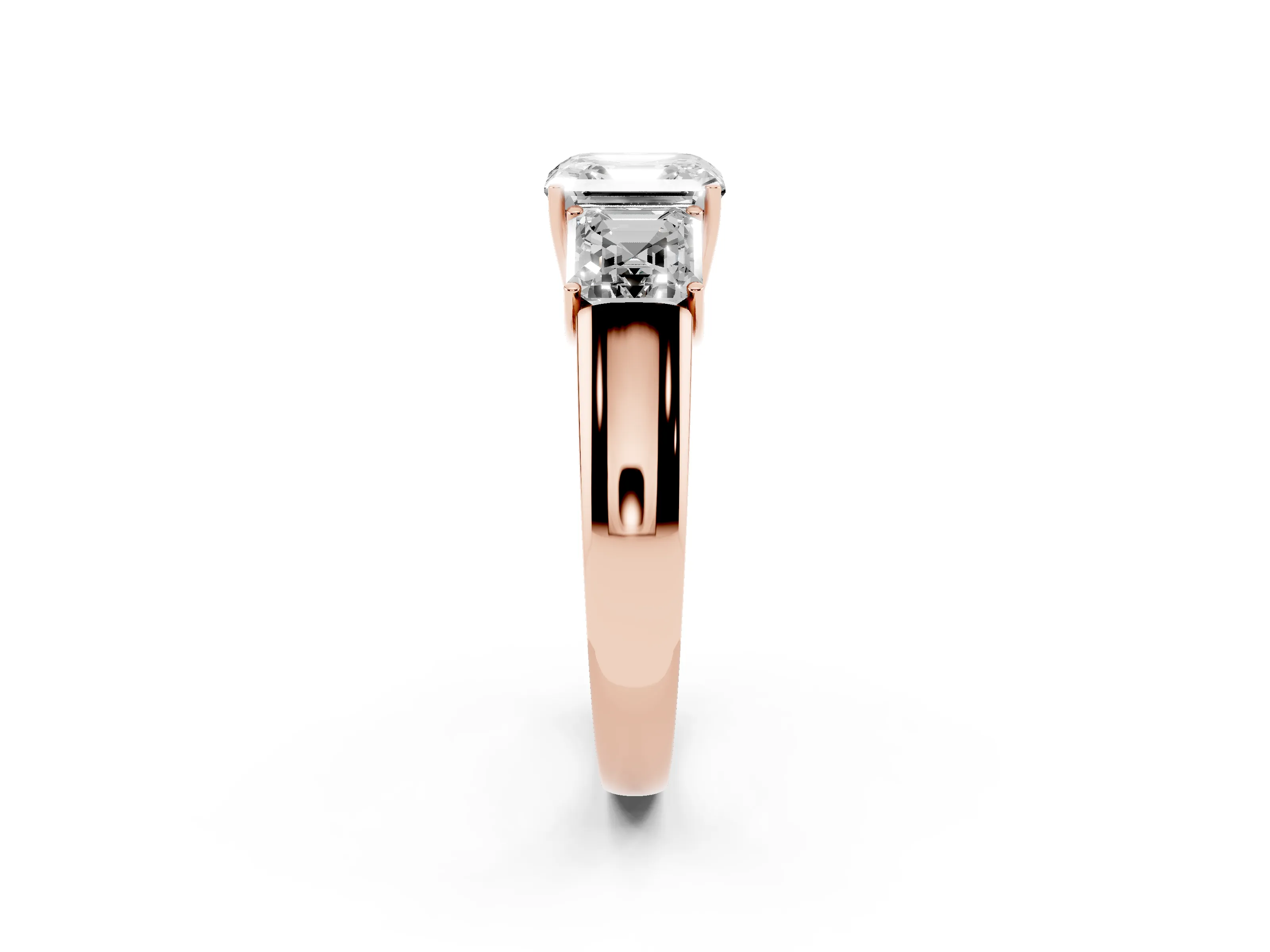 Three-Stone Asscher Cut Diamond Ring Set in Rose gold with Matching Prong Settings and Plain Band