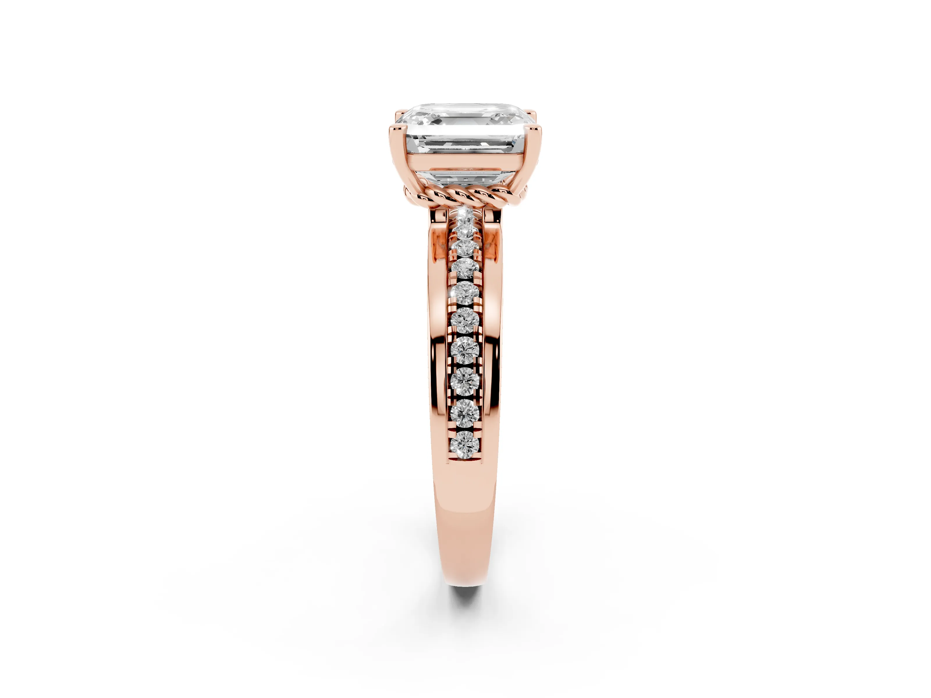 Asscher Cut Diamond Solitaire Ring Set in Rose gold with Channel Set Band and Prong Setting
