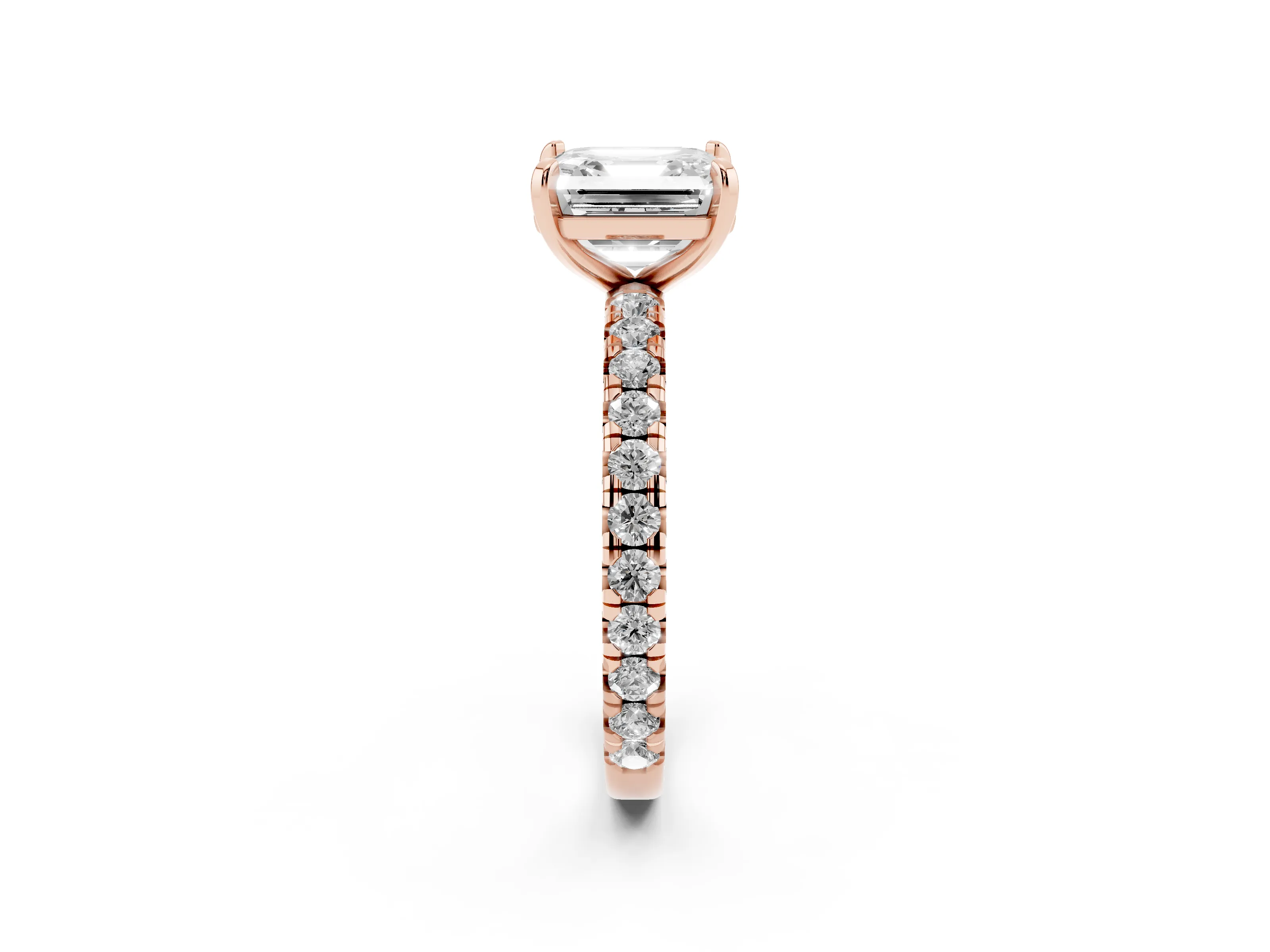 Asscher Cut Diamond Pavé Solitaire Ring Set in Rose gold with Round Band and Prong Setting