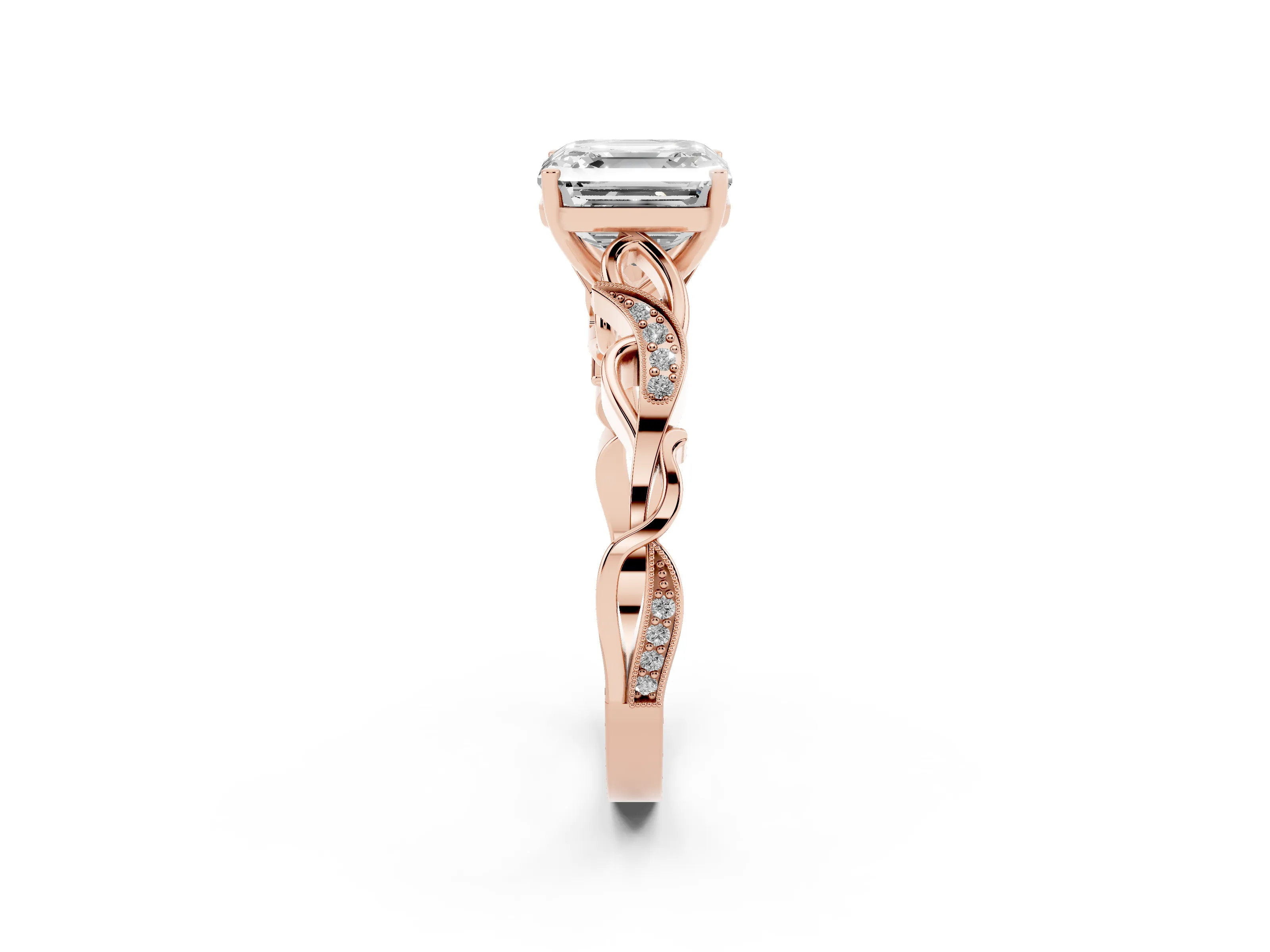 Asscher Cut Diamond Vine Band Solitaire Ring Set in Rose gold with Milgrain Prong Setting