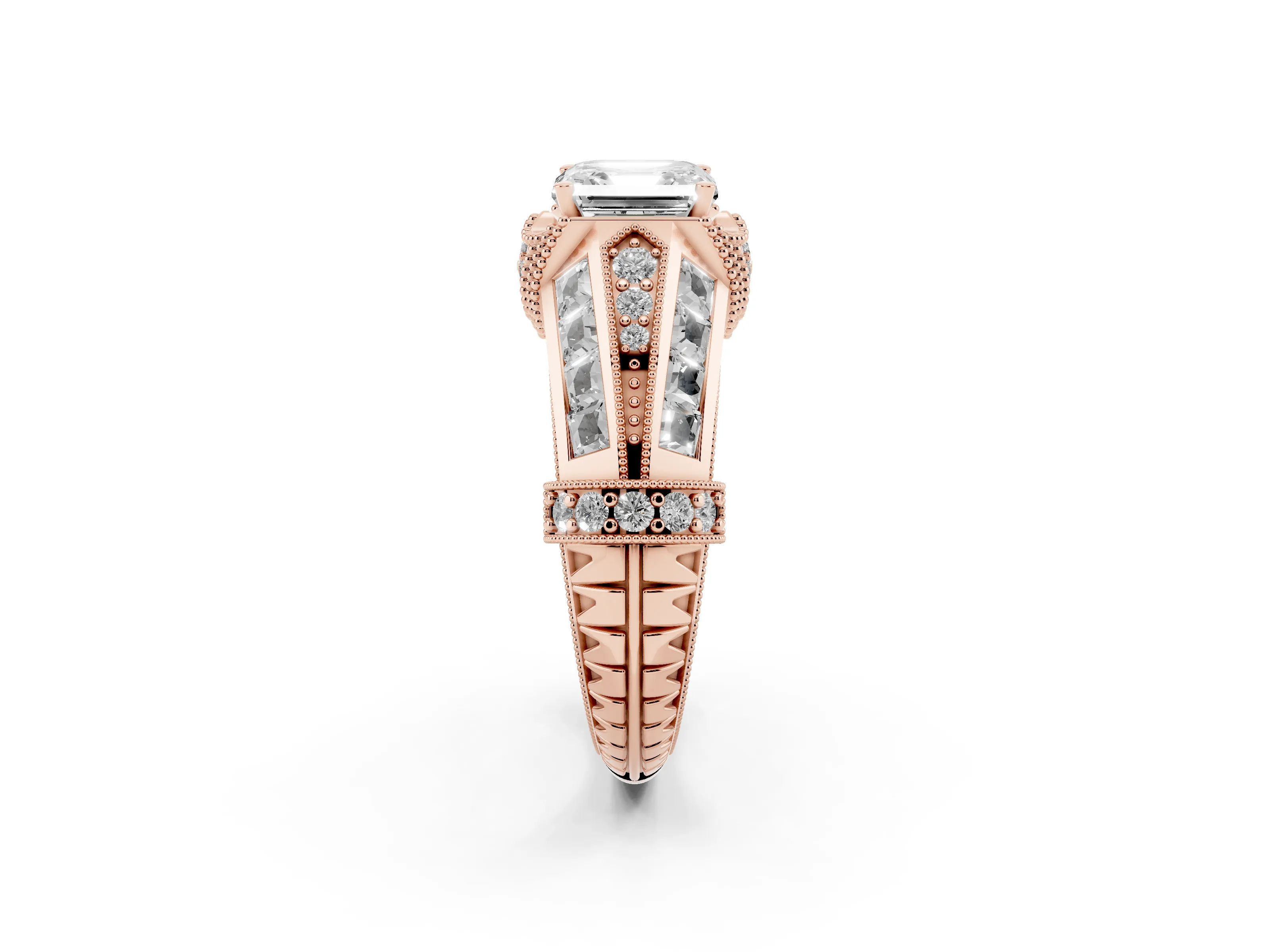 Asscher Cut Diamond Vintage-Inspired Milgrain Ring Set in Rose gold with Accent Split Shank