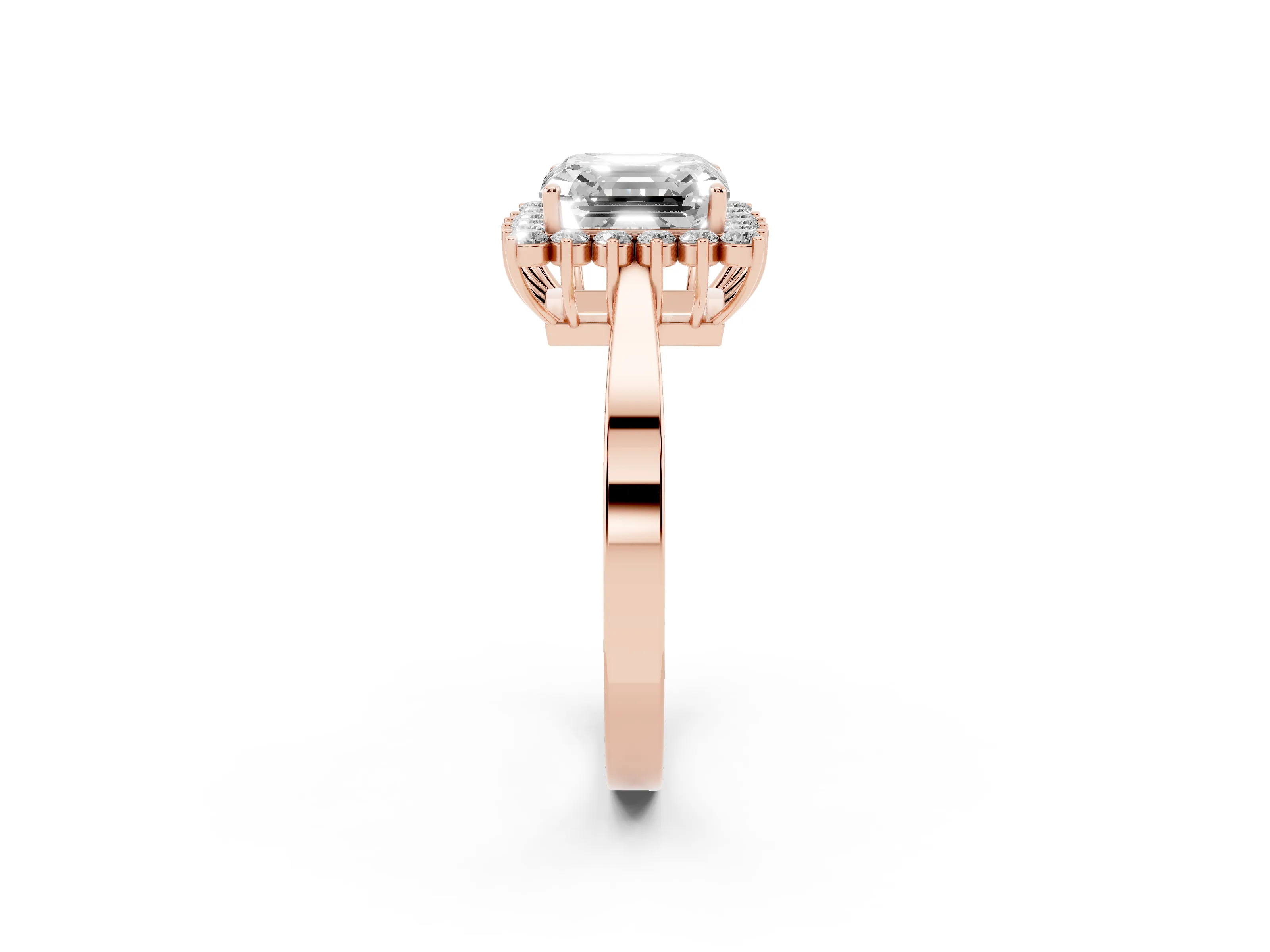 Asscher Cut Diamond Halo Ring Set in Rose gold with Round Halo and Smooth Solitaire Band