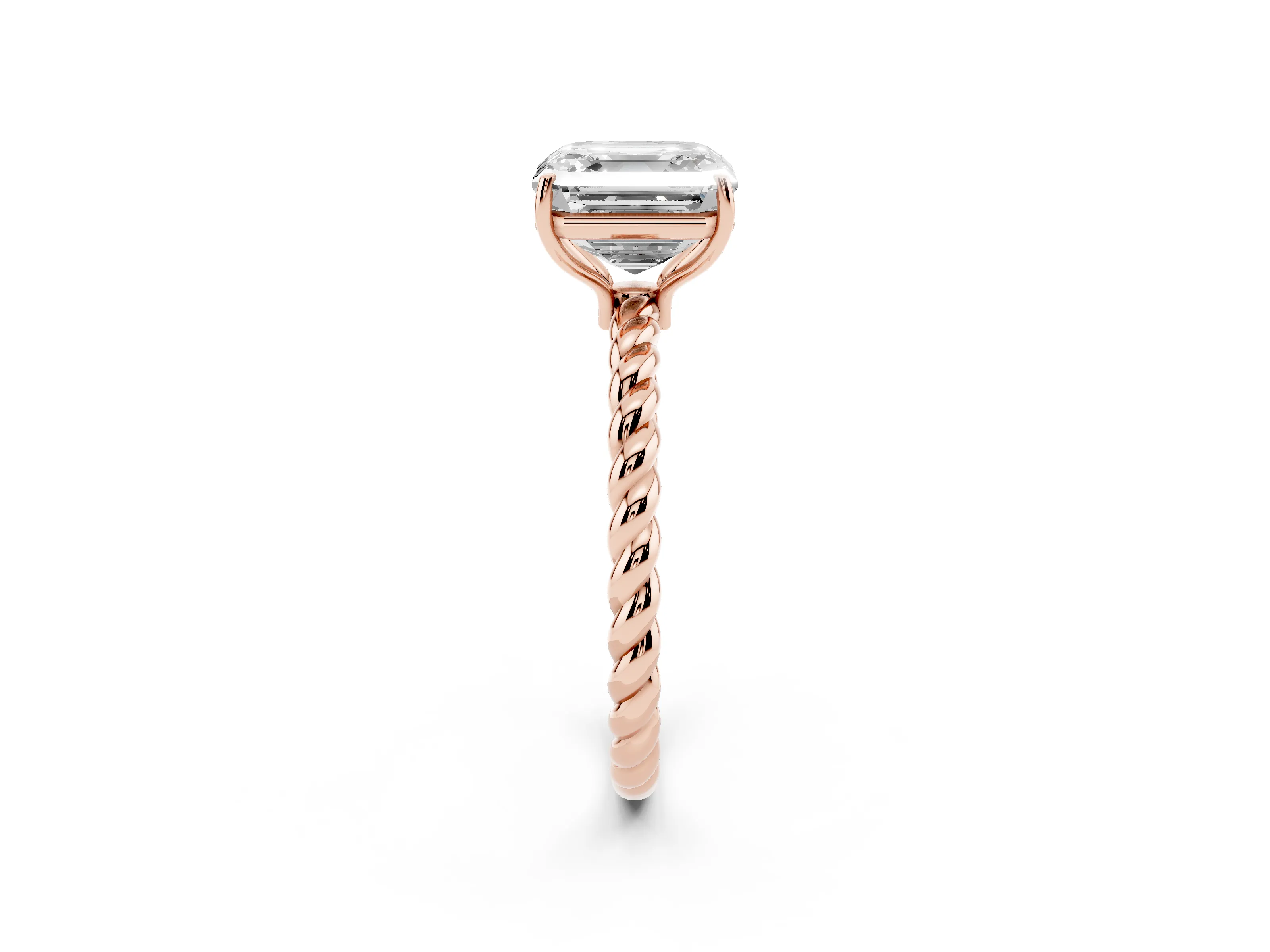 Asscher Cut Diamond Solitaire Ring Set in Rose gold with Twist Band and Prong Setting