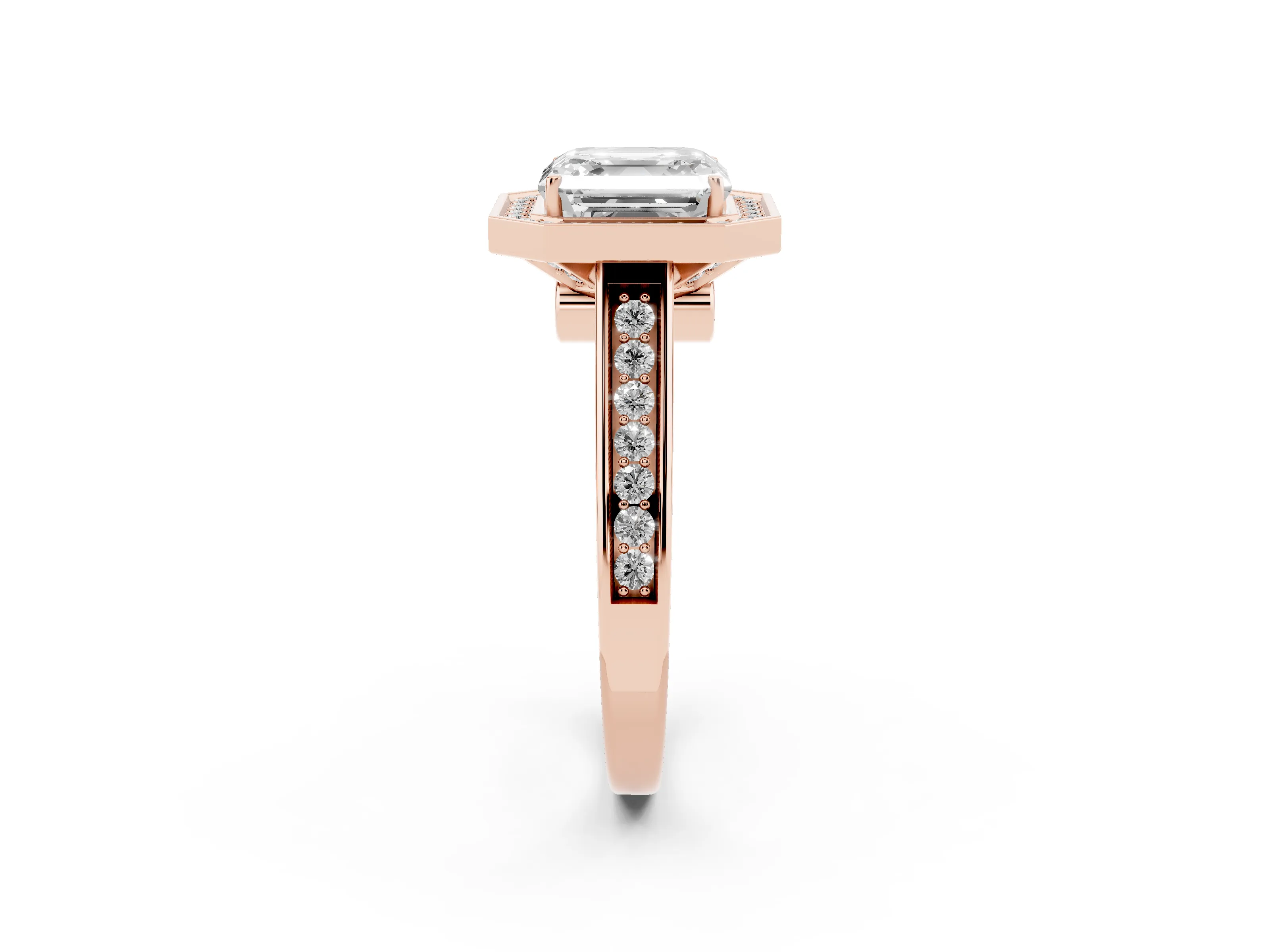 Asscher Cut Diamond Halo Solitaire Ring Set in Rose gold with Pavé Band and Bezel Setting