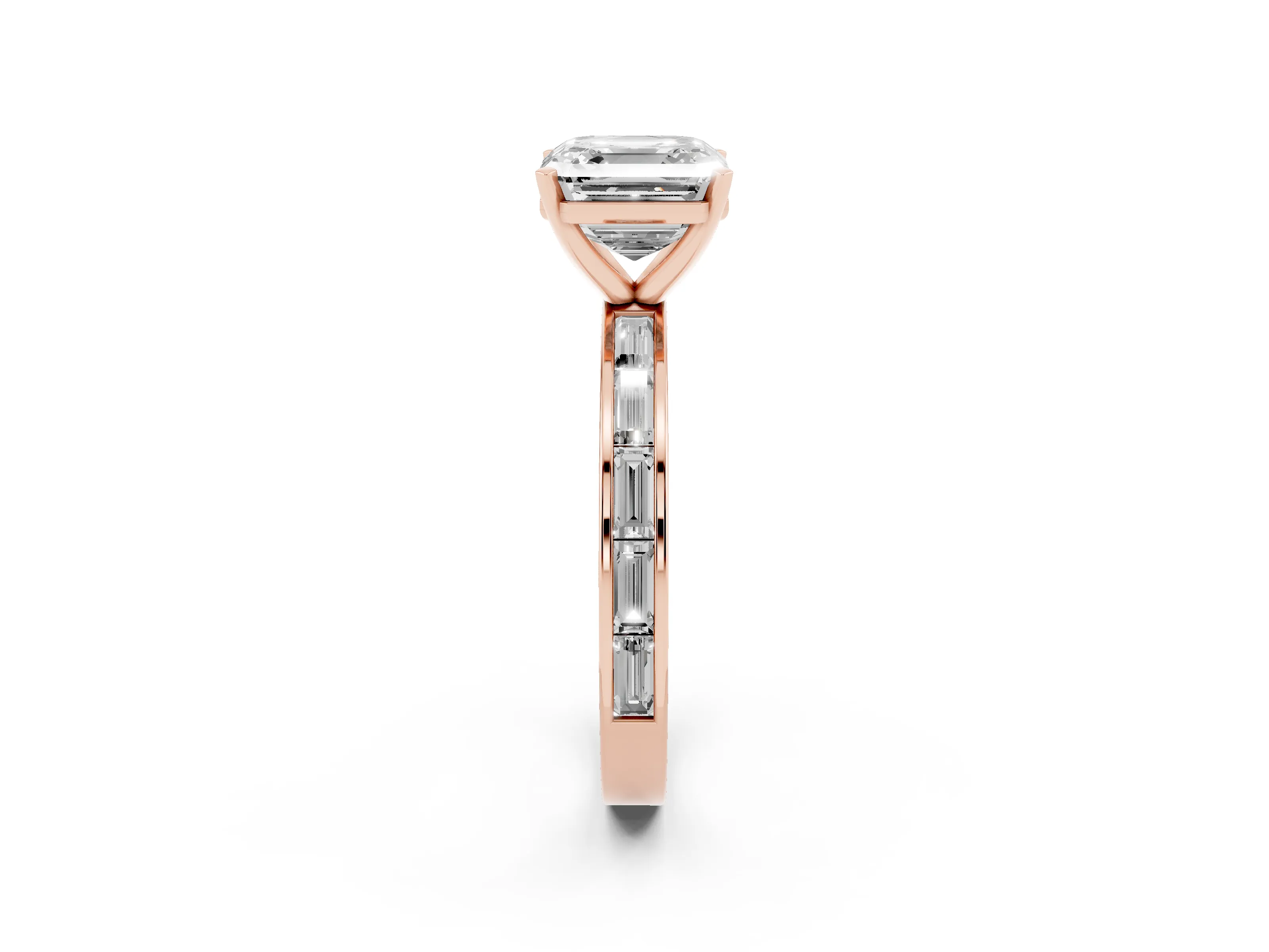 Asscher Cut Diamond Solitaire Ring Set in Rose gold with Channel-Set Baguette Band and Prong Setting
