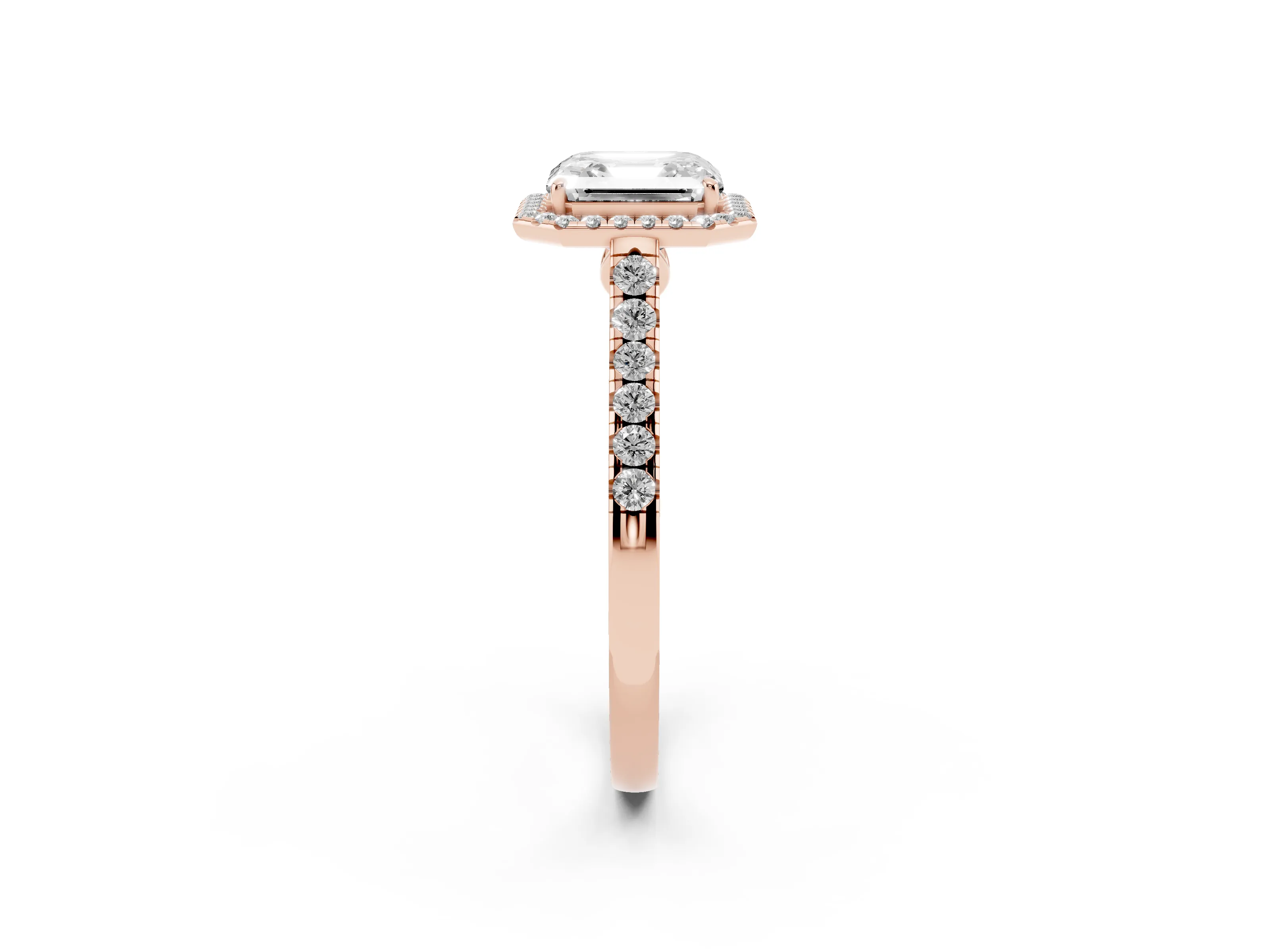 Asscher Cut Diamond Halo Pavé Engagement Ring Set in Rose gold with Prong Setting