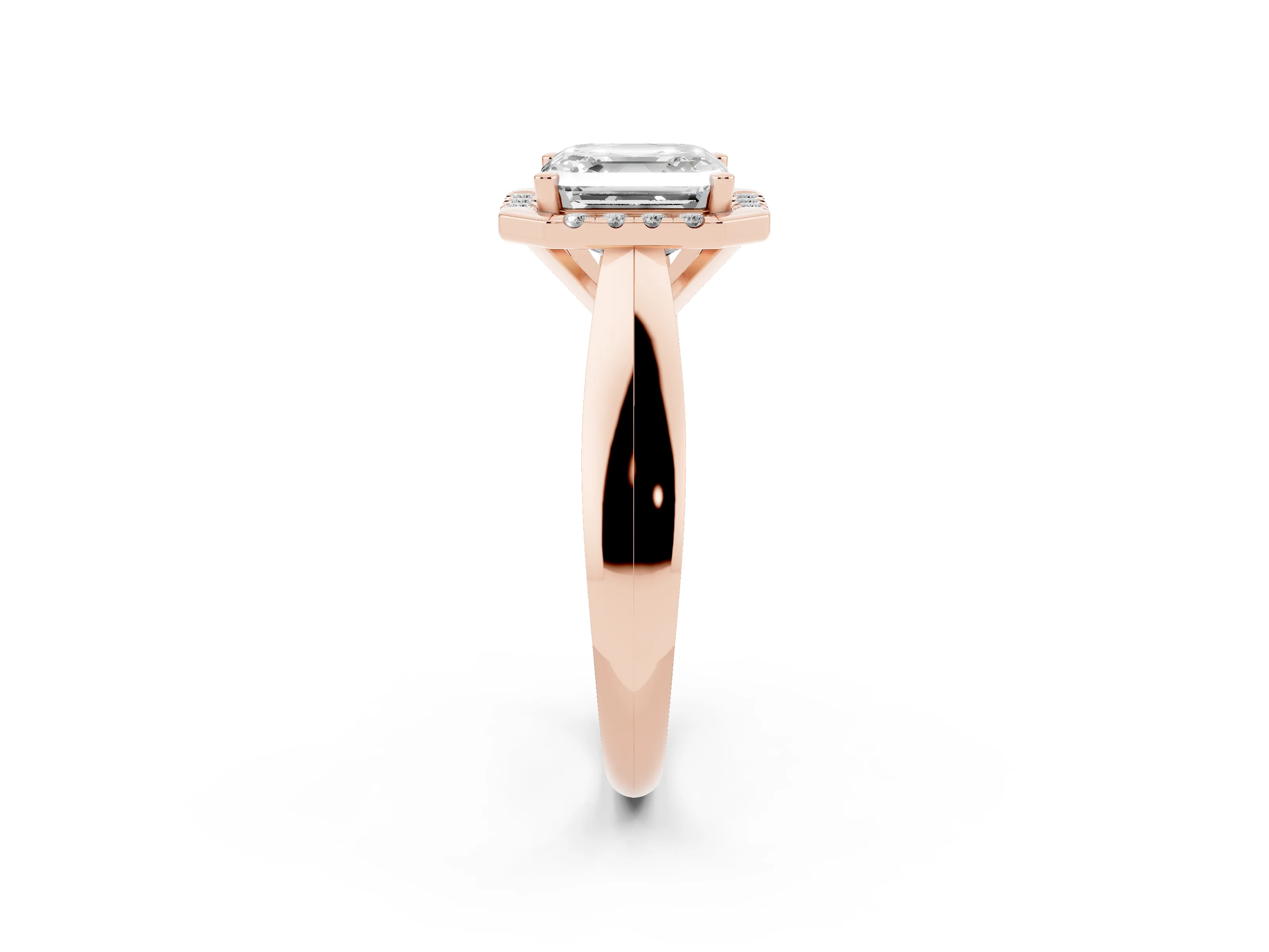Asscher Cut Diamond Halo Solitaire Engagement Ring Set in Rose gold with Square Band and Prong Setting