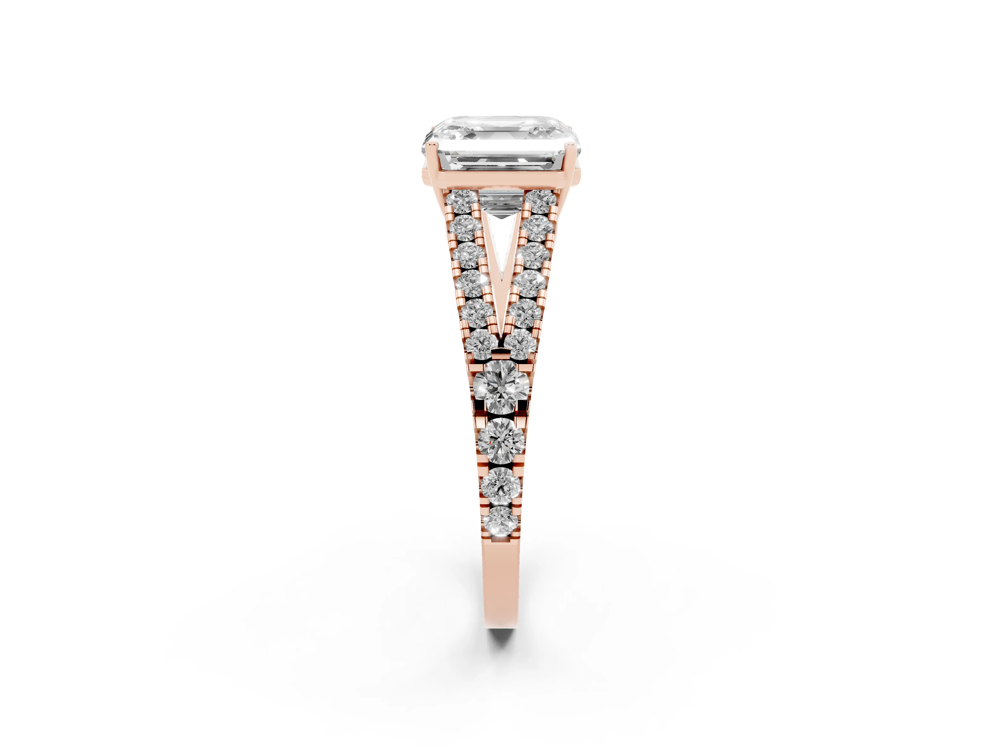 Asscher Cut Diamond Split Shank Pavé Engagement Ring Set in Rose gold with Prong-Held Center Stone