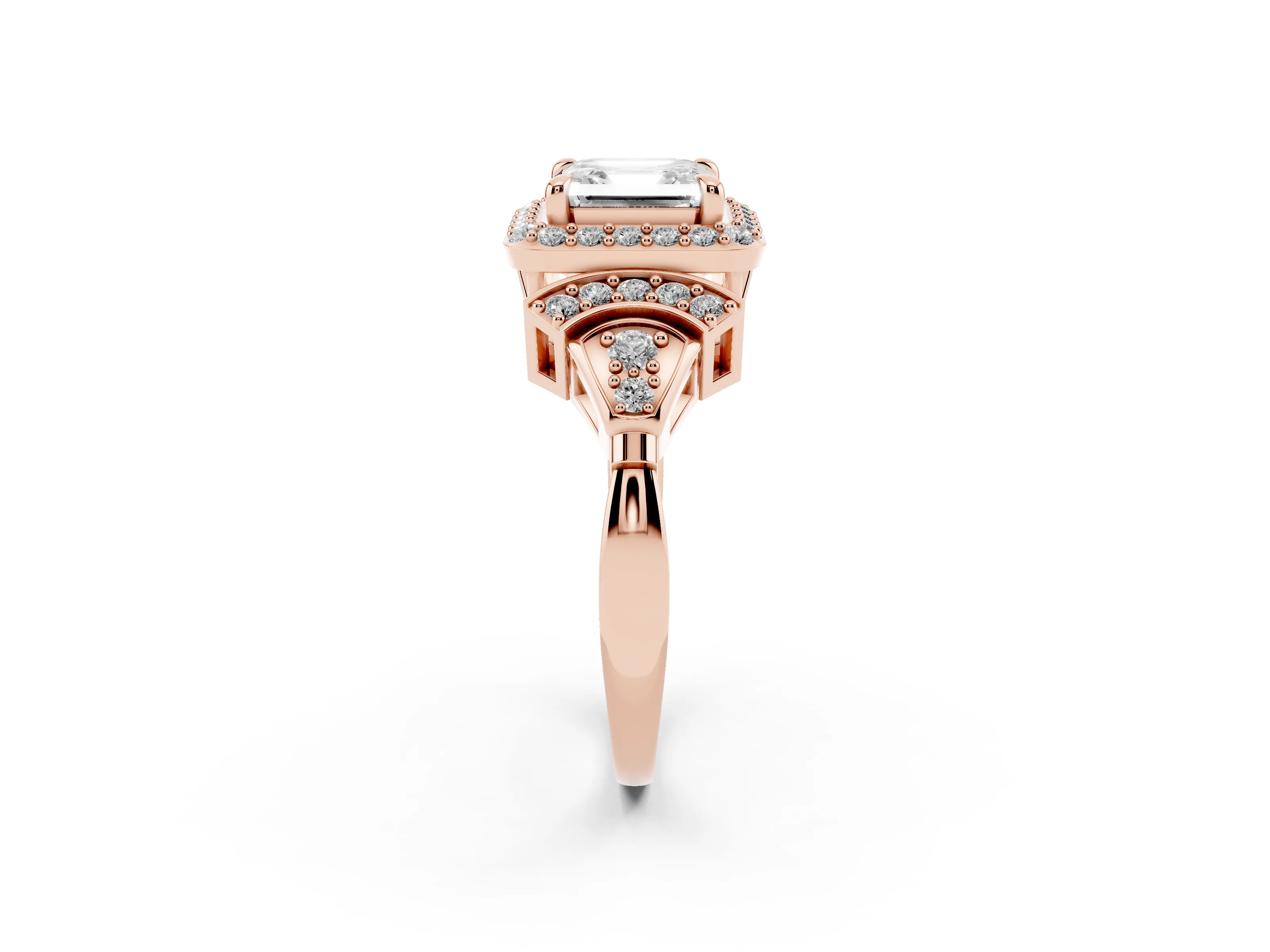 Asscher Cut Diamond Halo Engagement Ring Set in Rose gold with Accent Stone Split Shank