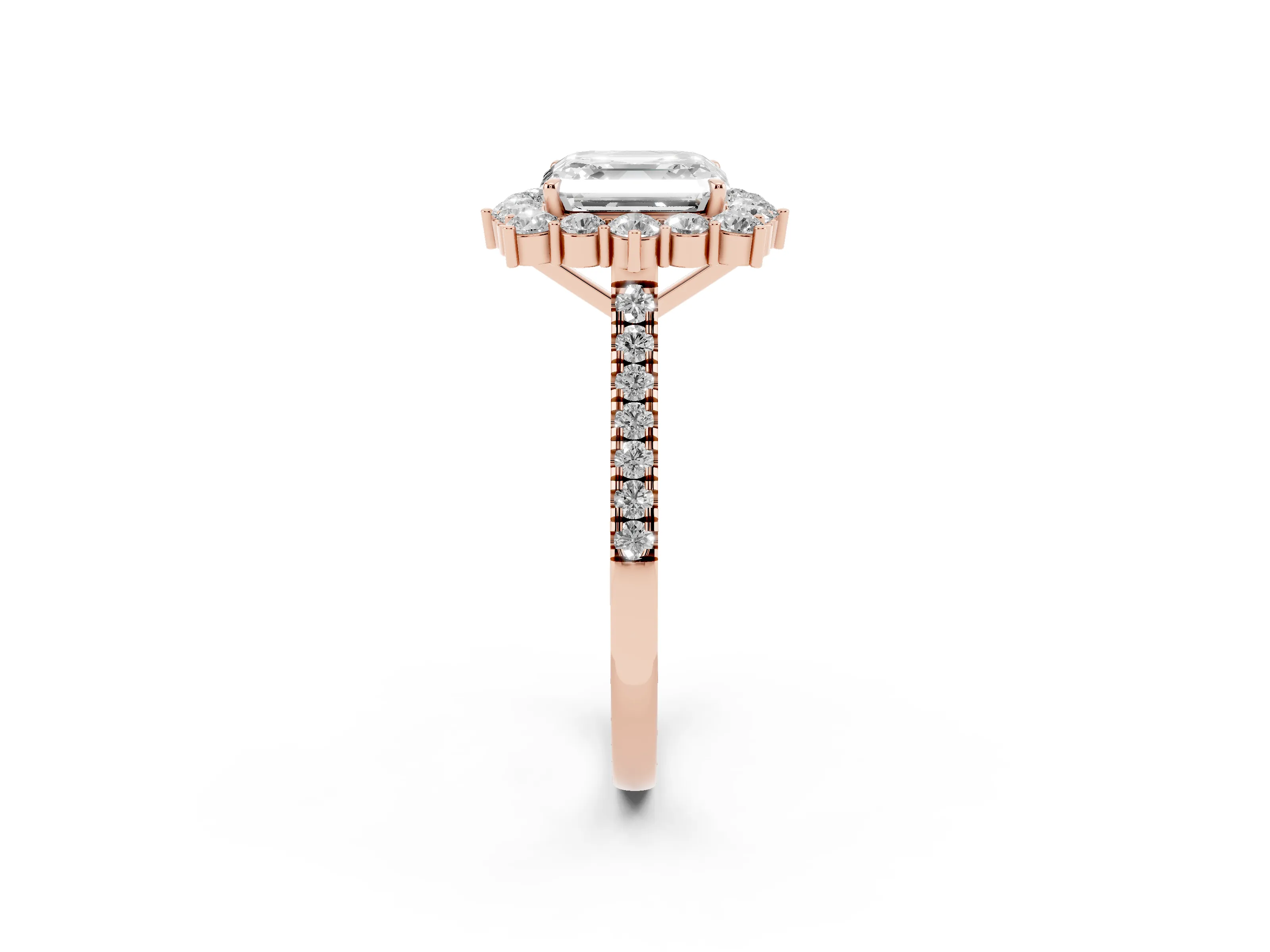 Asscher Cut Diamond Halo Ring Set in Rose gold with Pavé Band and Prong Setting