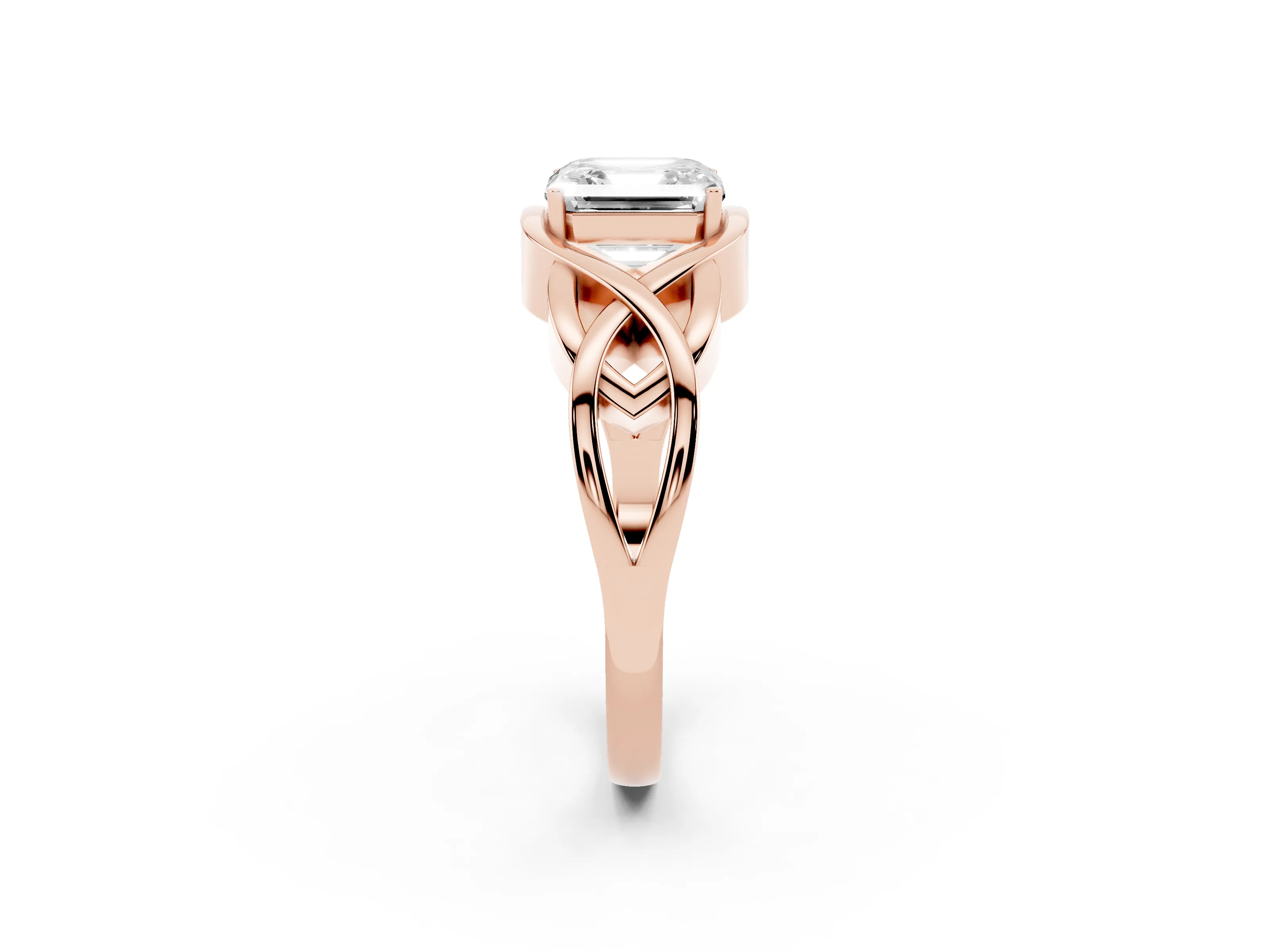 Asscher Cut Diamond Solitaire Ring Set in Rose gold with Intertwined Band
