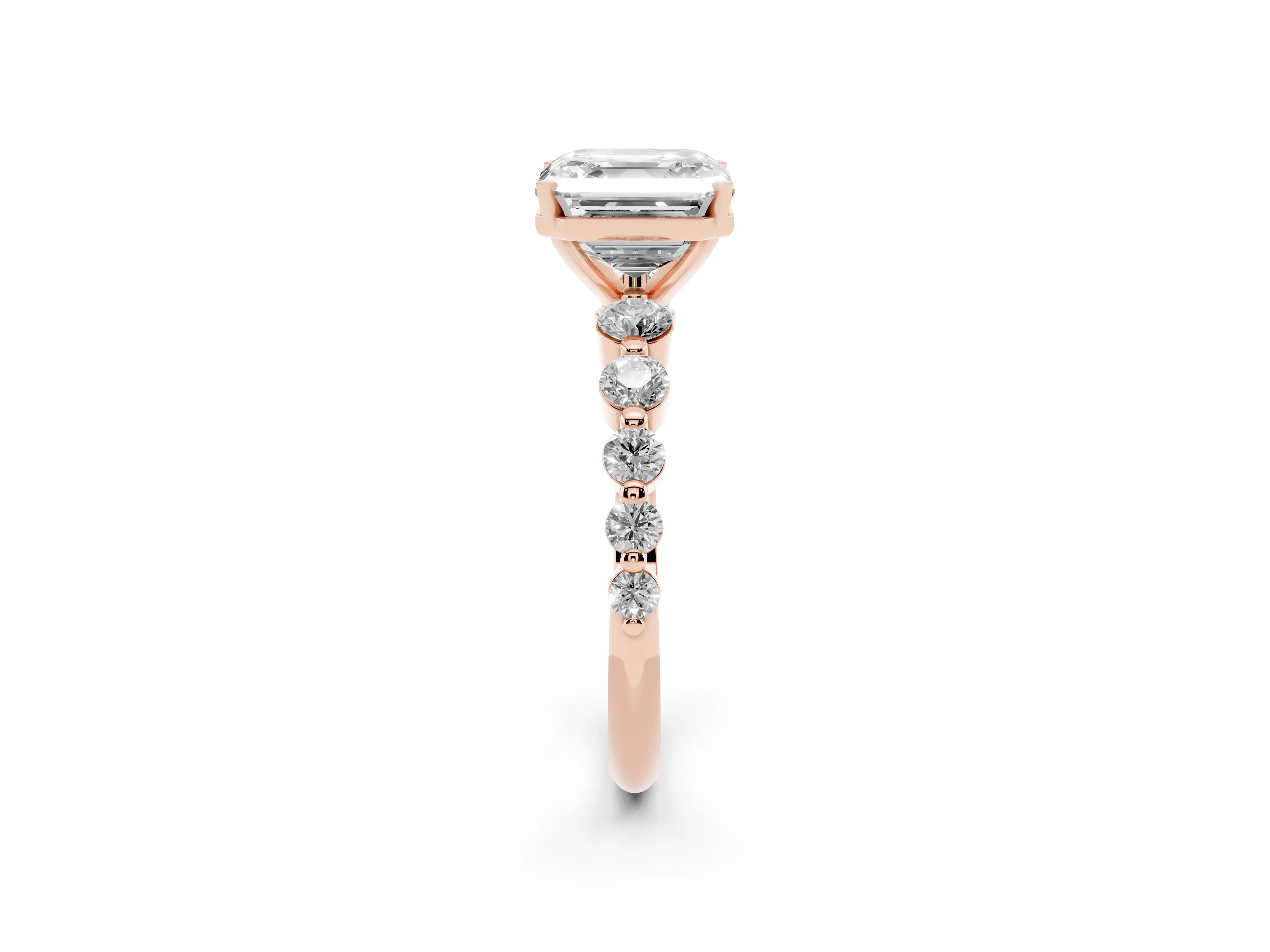 Asscher Cut Diamond Solitaire Ring Set in Rose gold with Pavé Band and Prong Setting