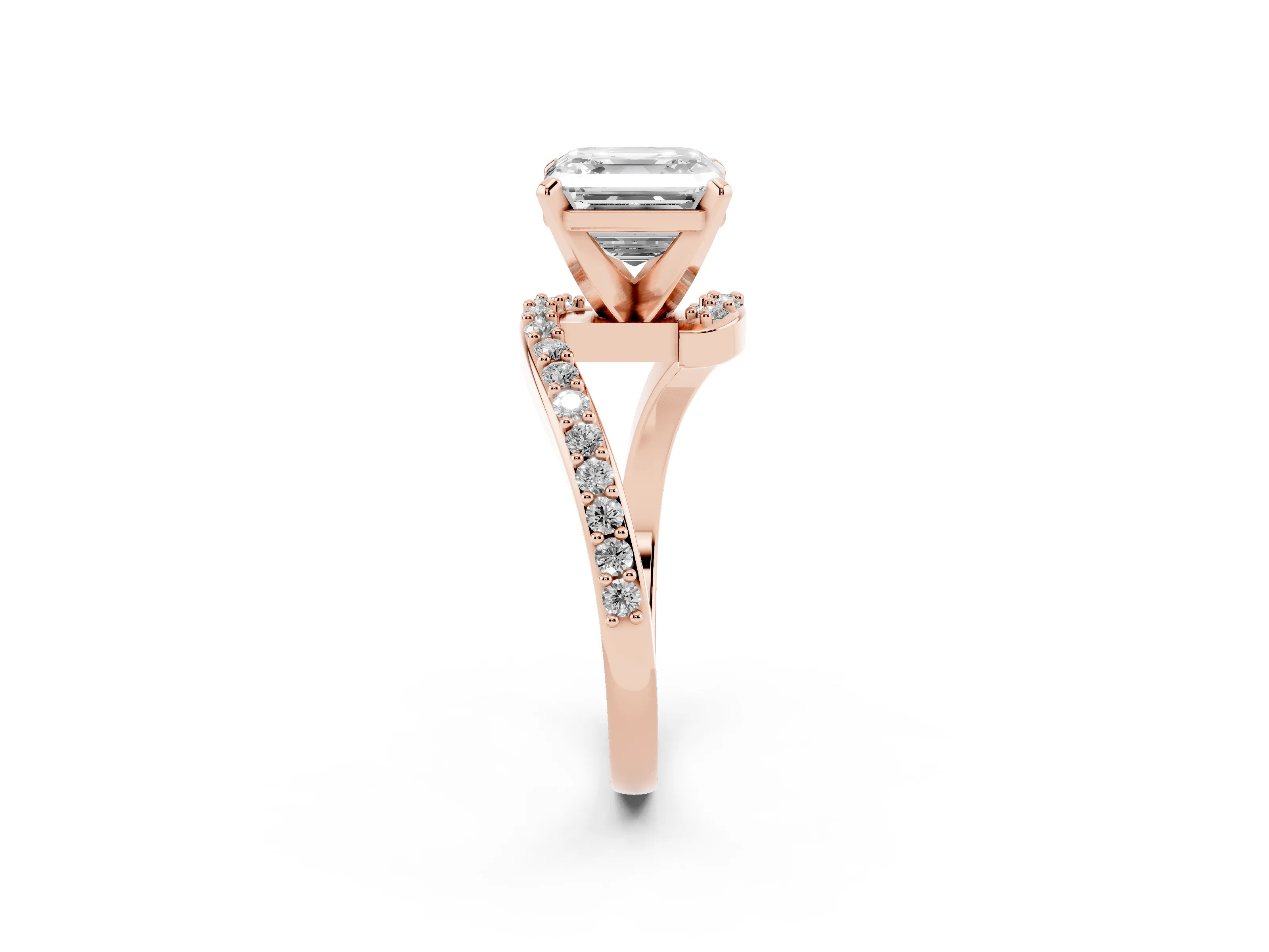 Asscher Cut Diamond Solitaire Ring Set in Rose gold with Pavé Twist Band and Prong Setting