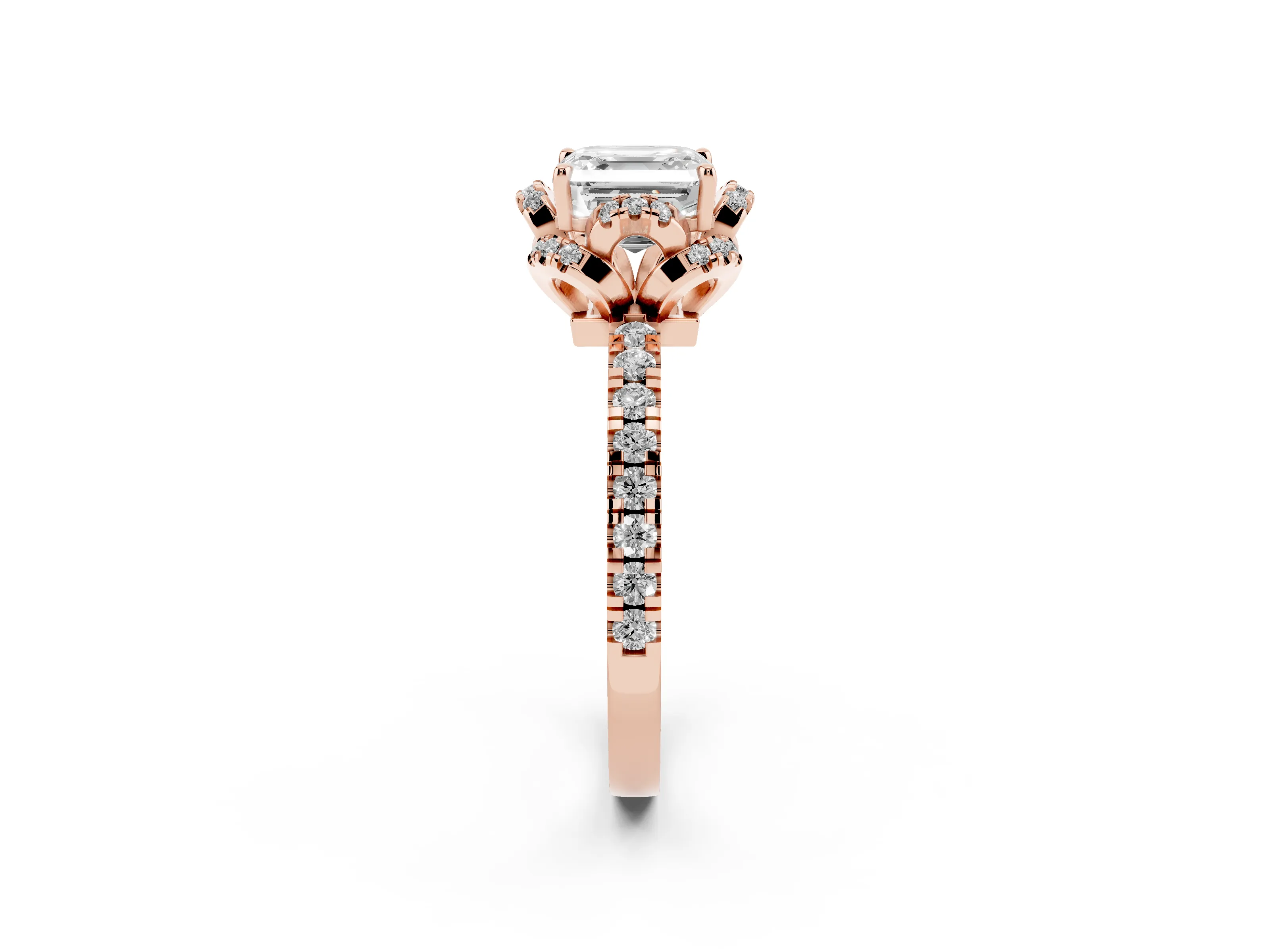Asscher Cut Diamond Halo Pavé Band Ring Set in Rose gold with Prong-Held Center