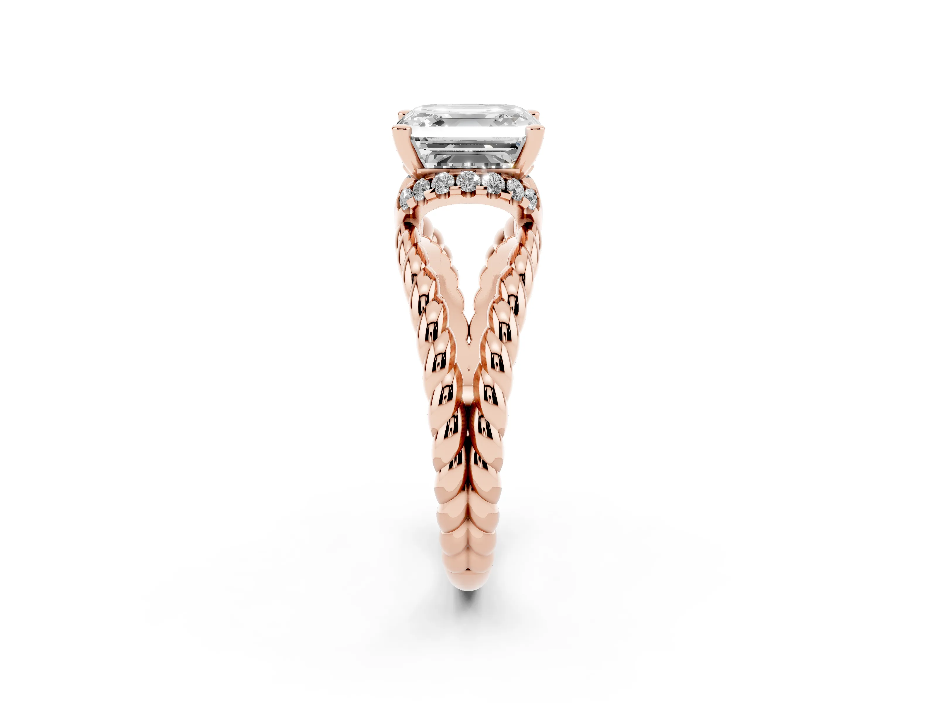 Asscher Cut Diamond Halo Ring Set in Rose gold with Twisted Band and Prong Setting