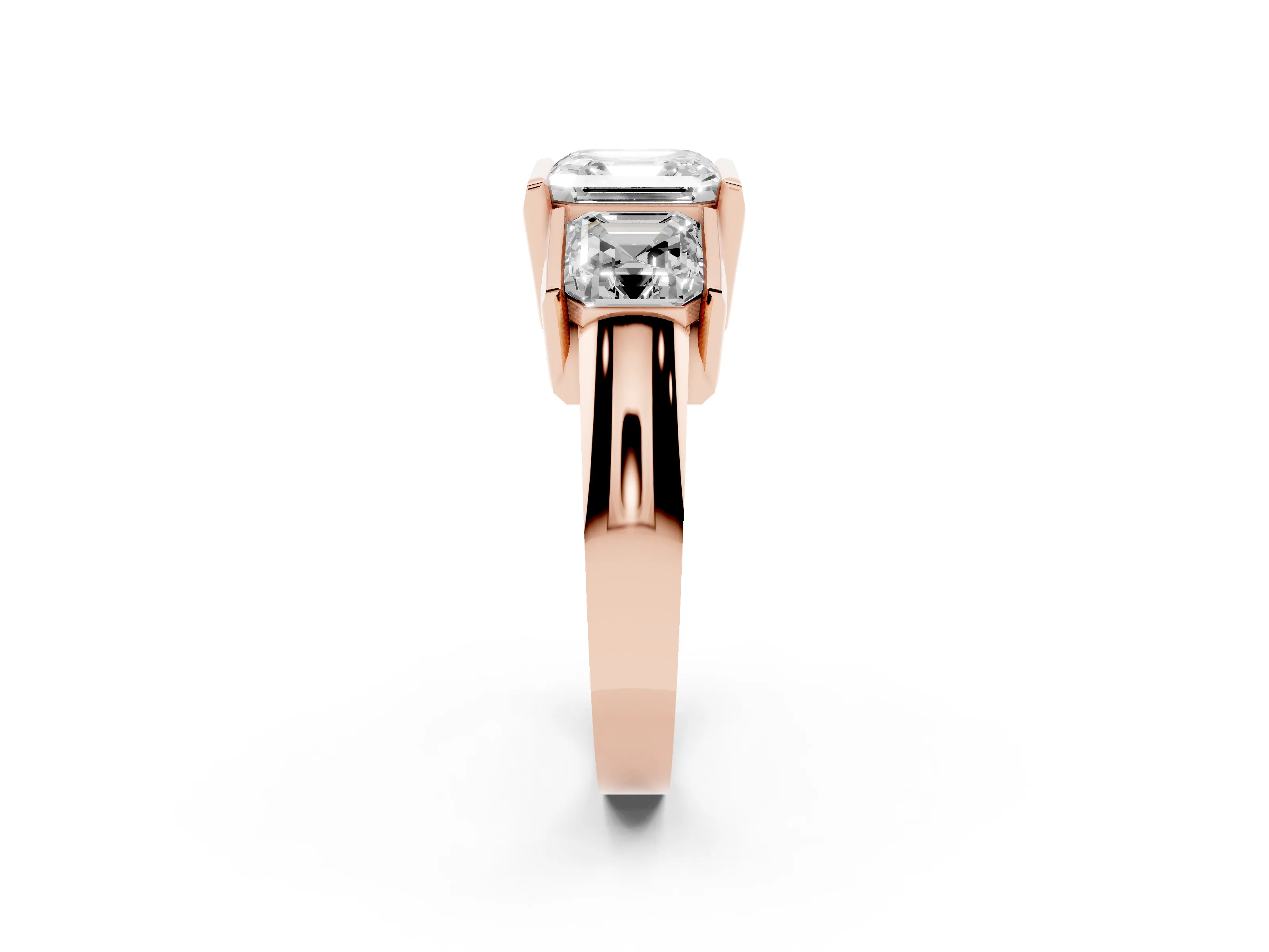 Asscher Cut Diamond Three-Stone Channel Set Ring Set in Rose gold with Smooth Polished Band