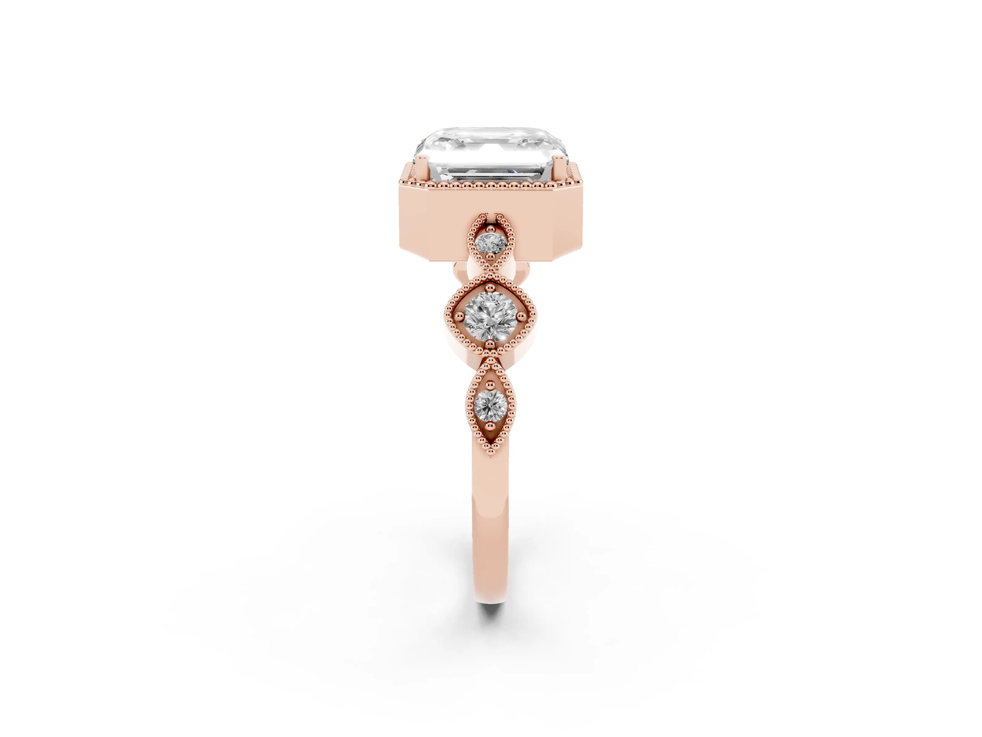 Asscher Cut Diamond Vintage-Inspired Milgrain Ring Set in Rose gold with Marquise Stations of Round Accents