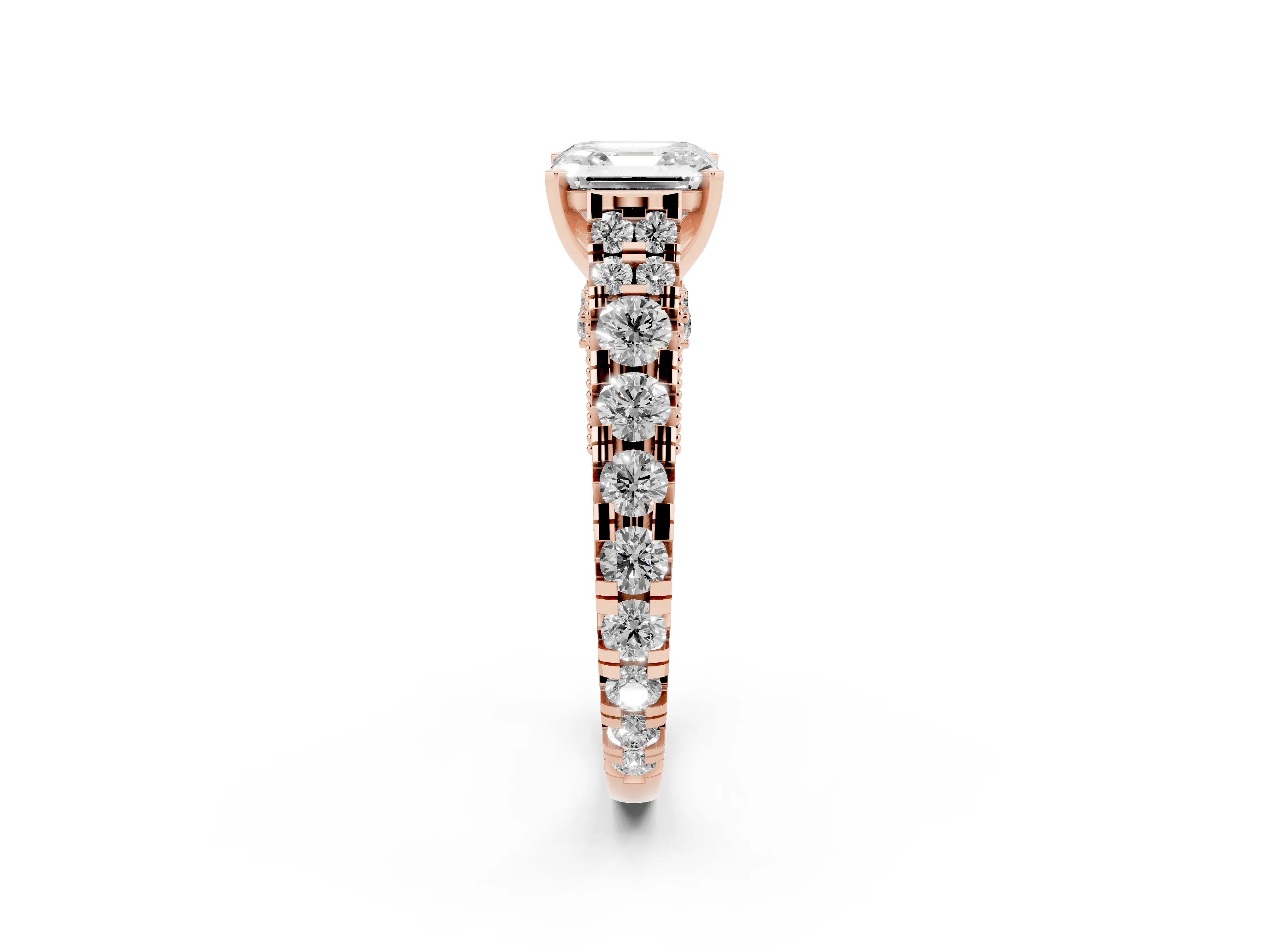Asscher Cut Diamond Classic Solitaire Ring Set in Rose gold with Pavé Band and Prong Setting