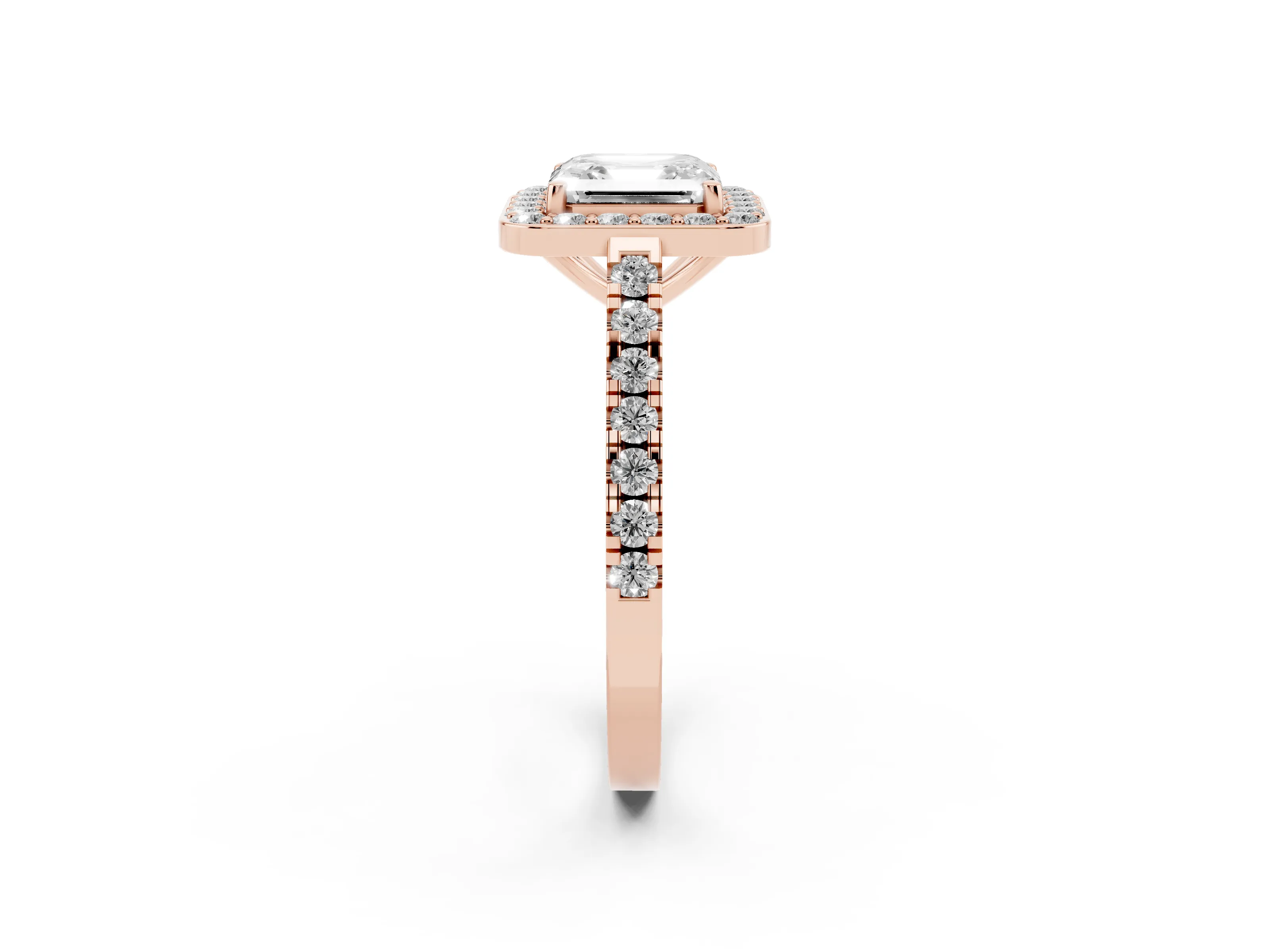 Asscher Cut Diamond Halo Ring Set in Rose gold with Round Pavé Split Shank and Prong Setting