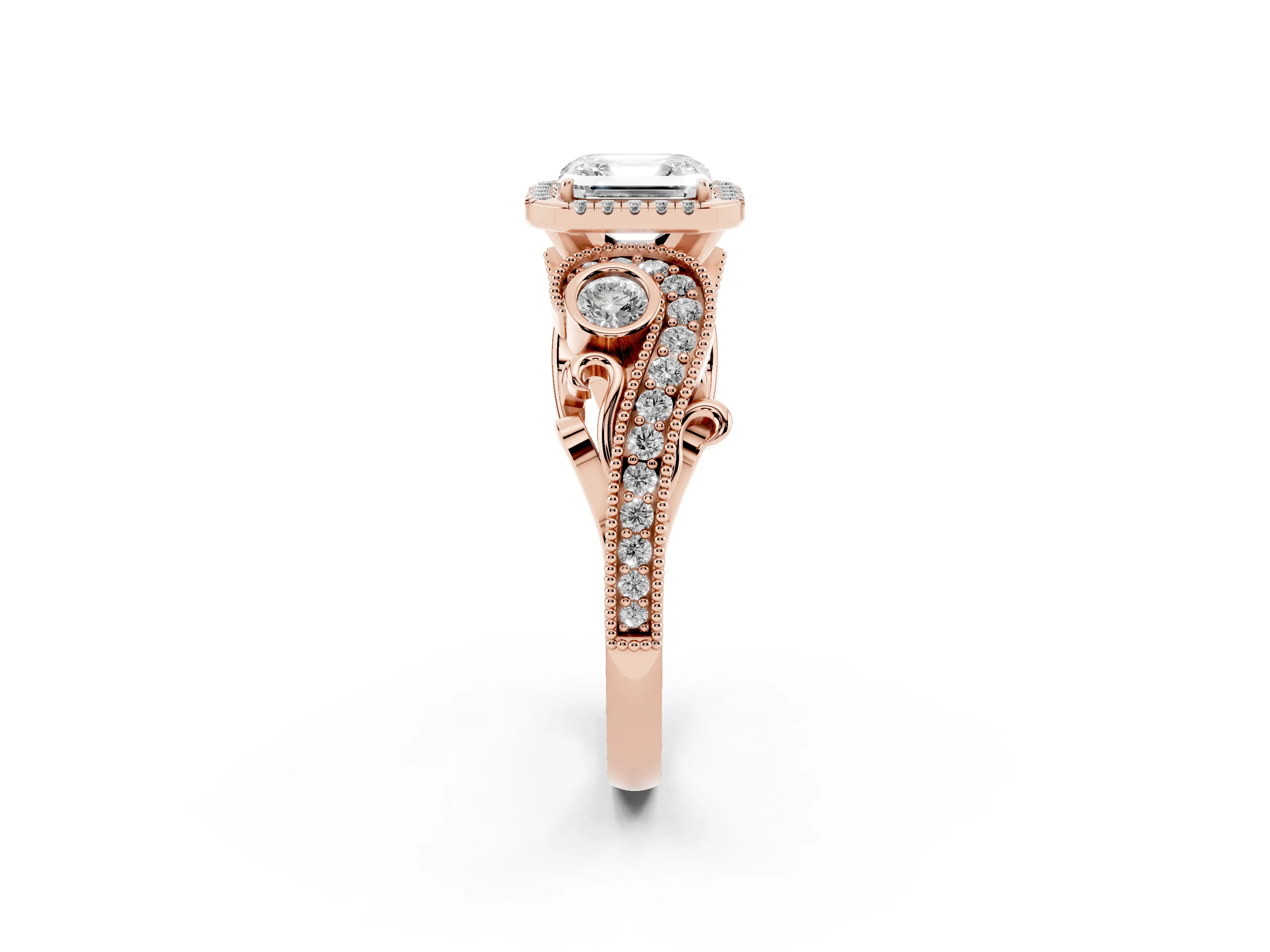 Asscher Cut Diamond Halo Ring Set in Rose gold with Milgrain Pavé Band and Prong Setting