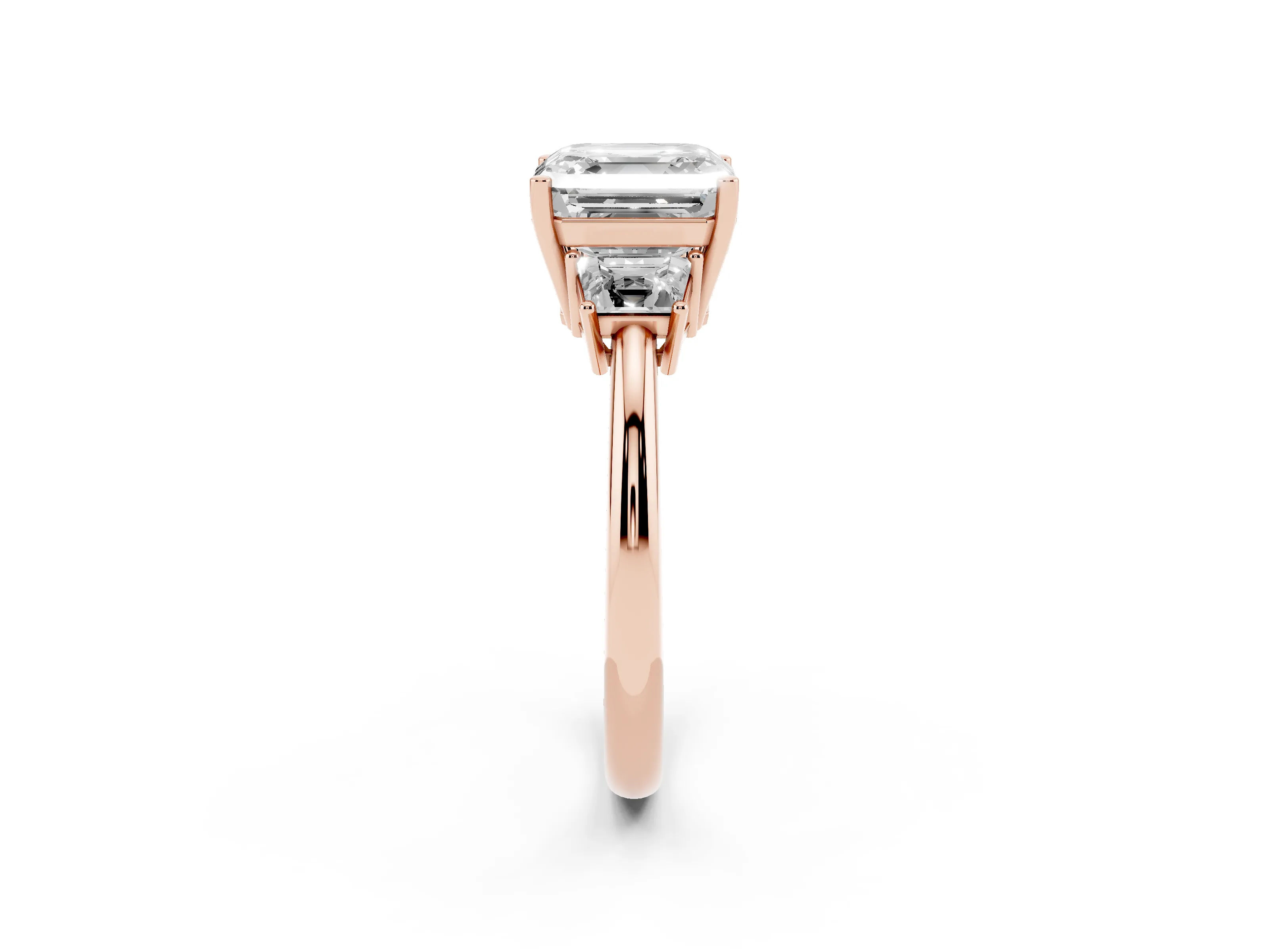 Asscher Cut Diamond Three-Stone Ring Set in Rose gold with Trapezoid Side Stones and Prong Setting